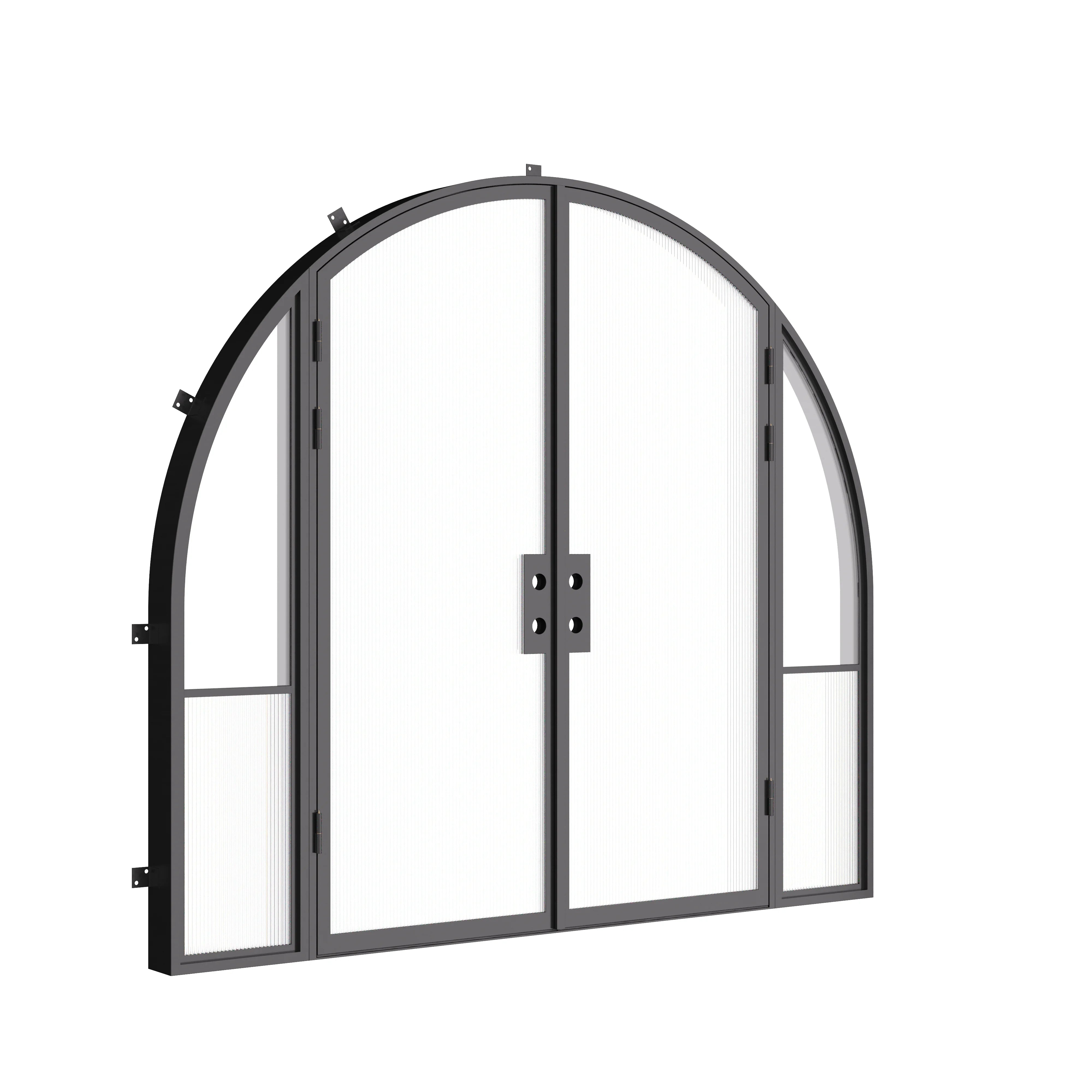 Designer steel double full arch front doors with sidelights, Air Grand architectural steel system with tempered Low-E glazing