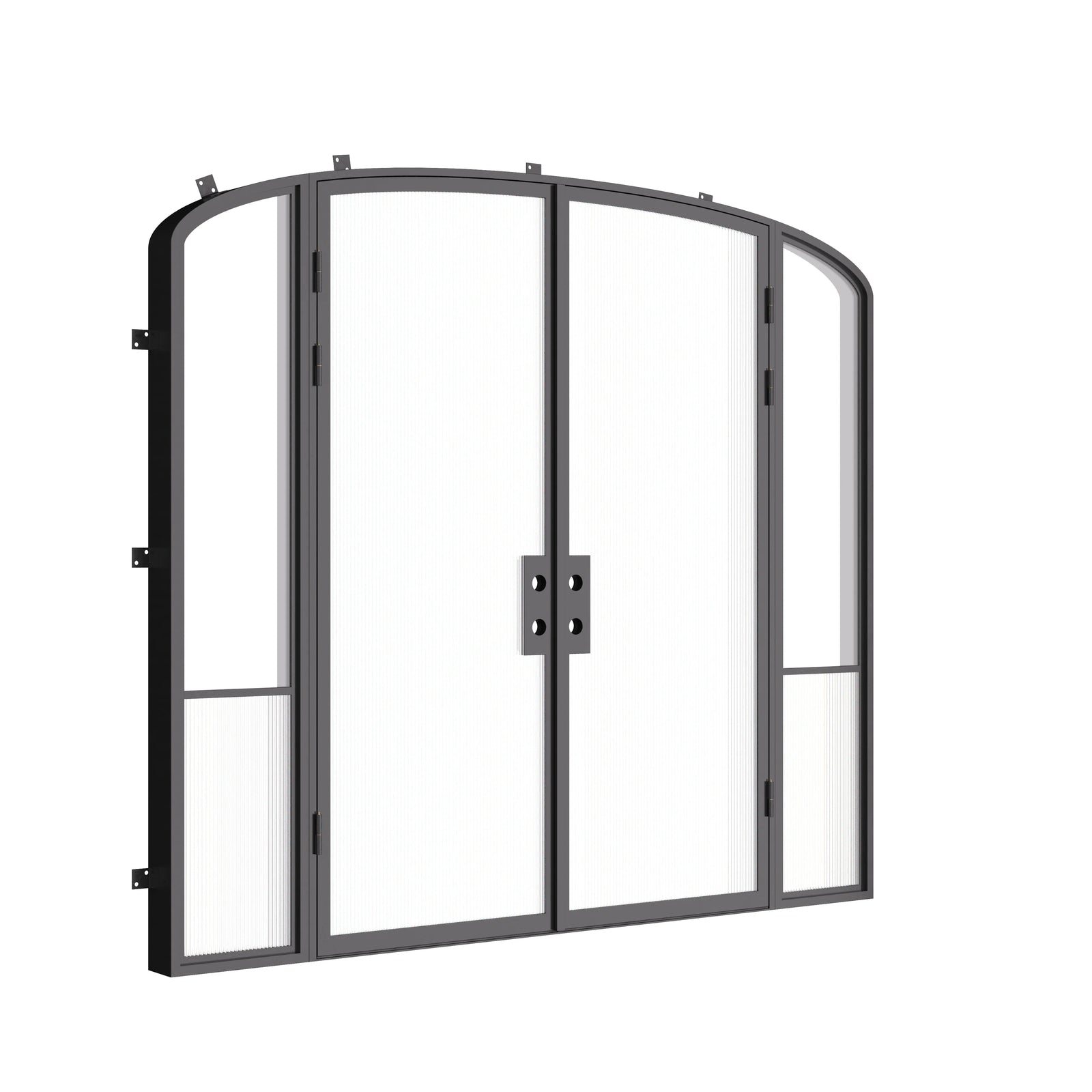 Designer steel double mini arch entry doors with side windows, Air Grand architectural steel system with Low-E glass