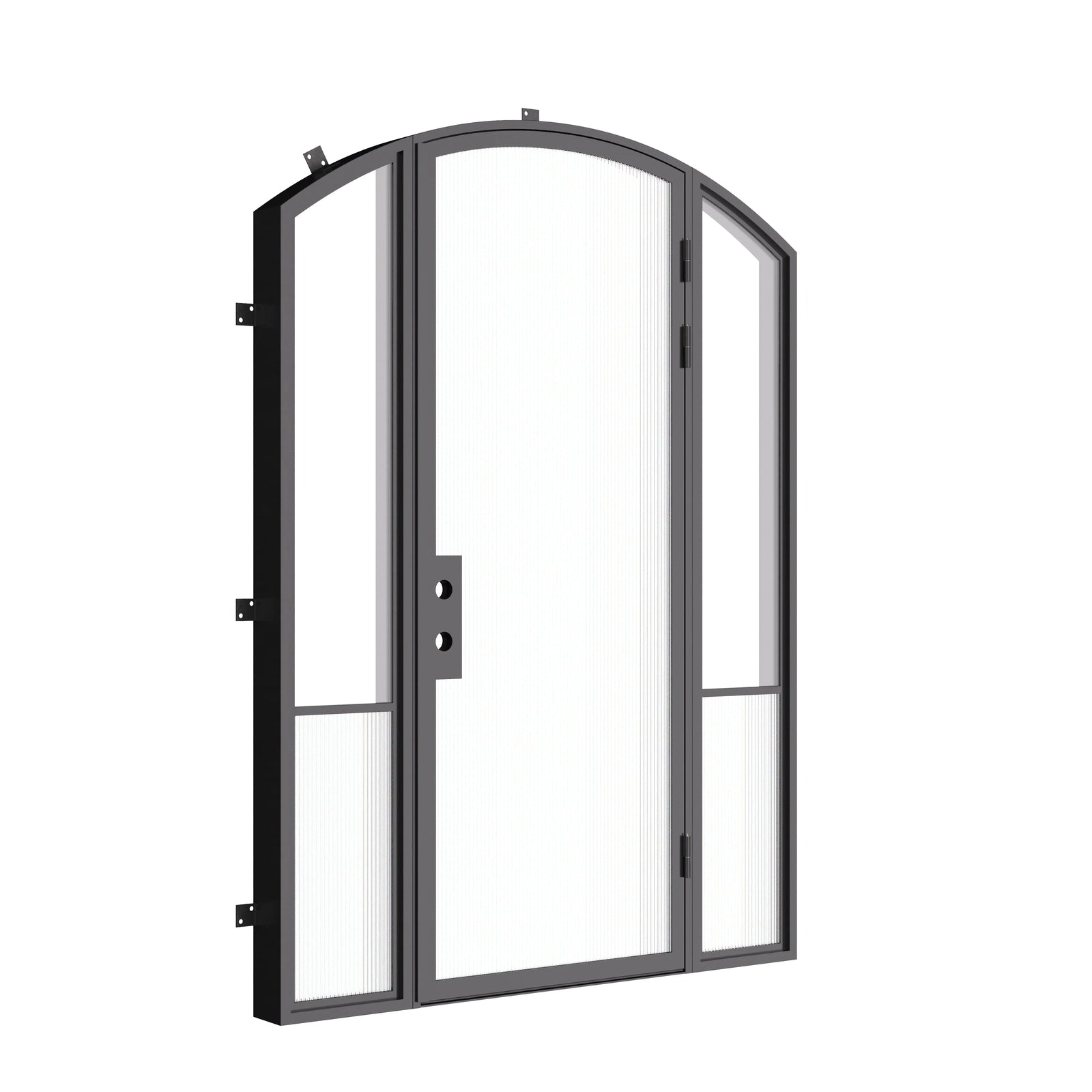 Designer steel front door with sidelights and arch design, Air Grand architectural steel system with tempered Low-E glass