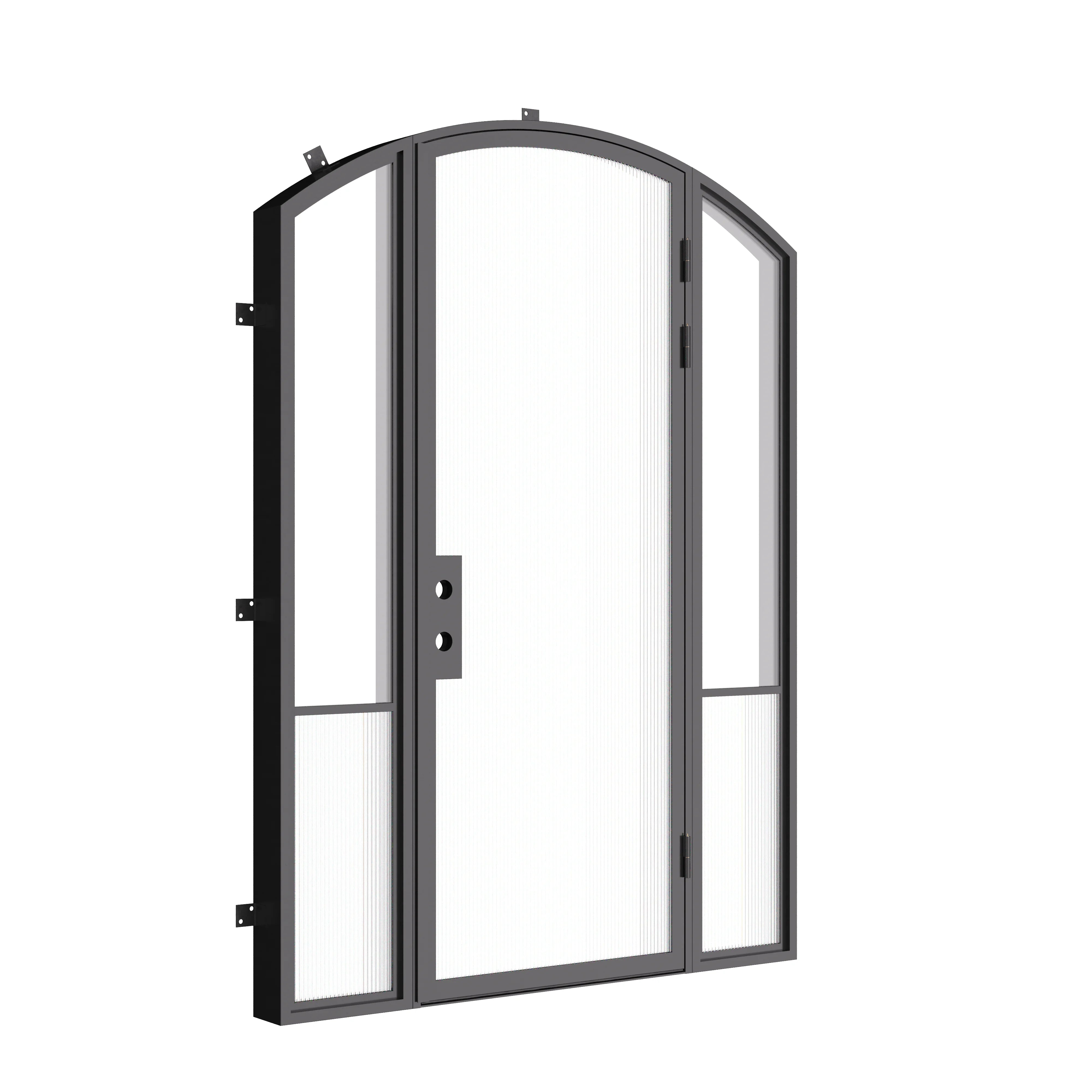 Designer steel front door with sidelights and arch design, Air Grand architectural steel system with tempered Low-E glass
