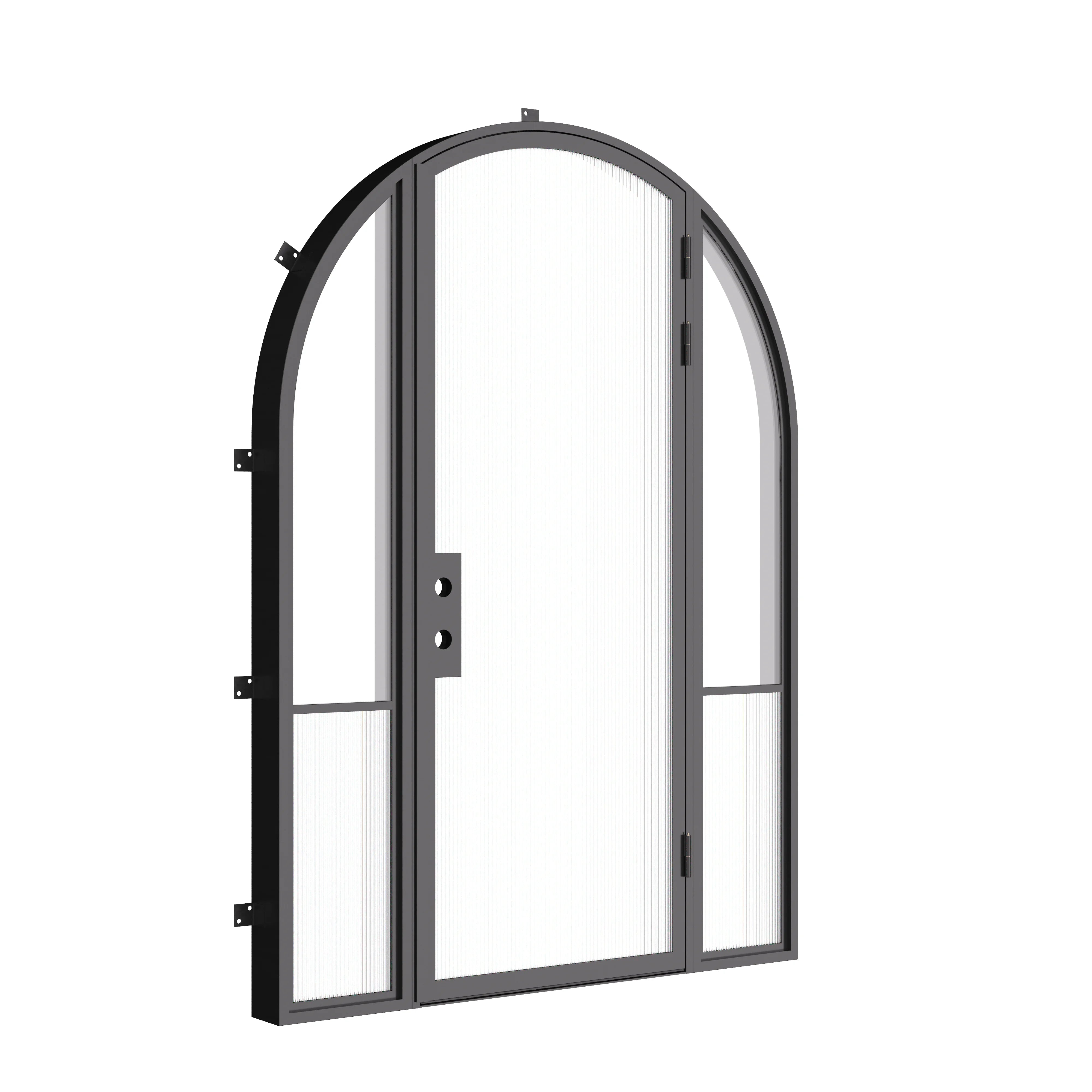 Designer steel entry door with full arch and sidelights, Air Grand architectural steel system with dual pane Low-E glass