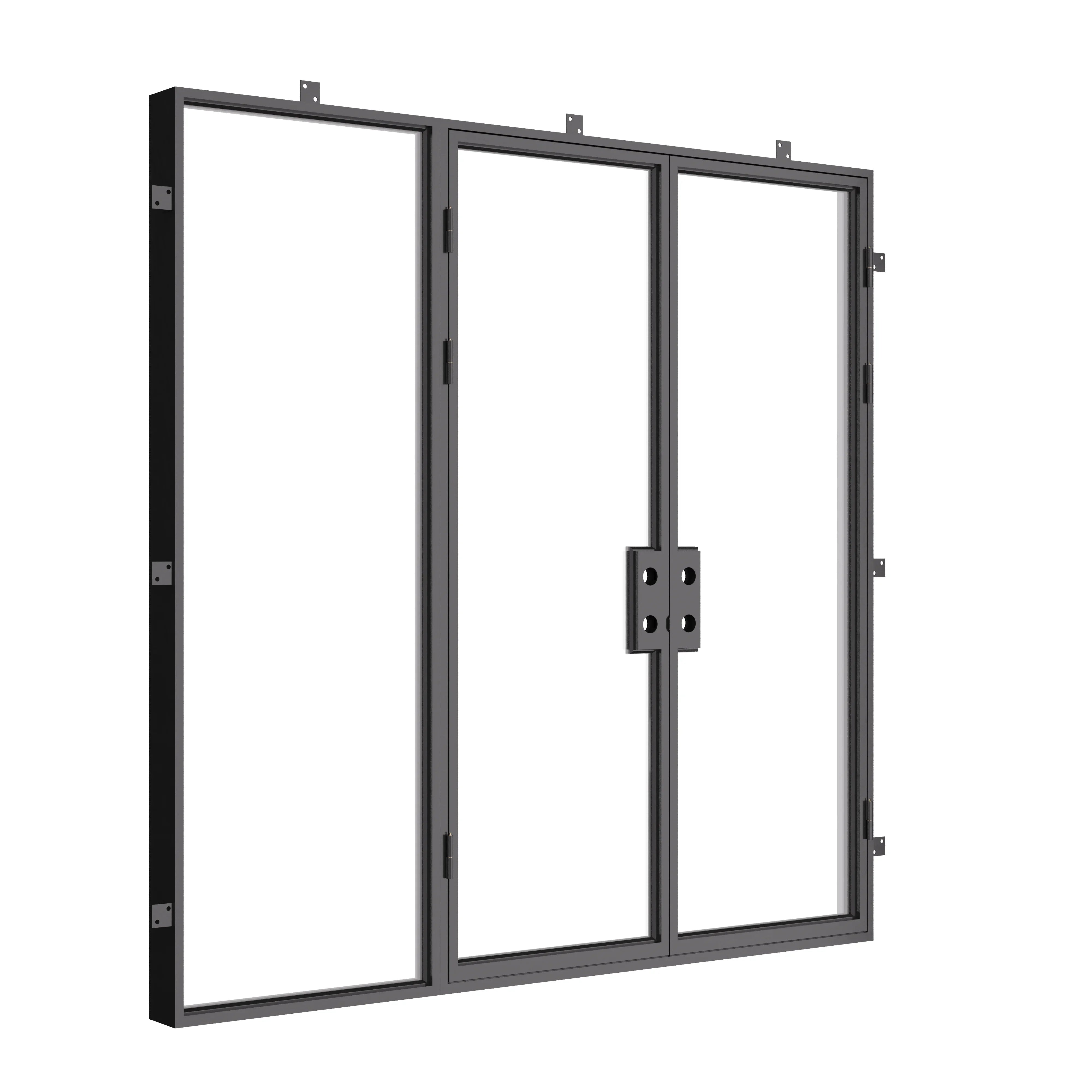 Double flat thermal break steel door with dual pane glass and sidelight.