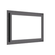 horizontal steel window with no muntins and clear glass panel