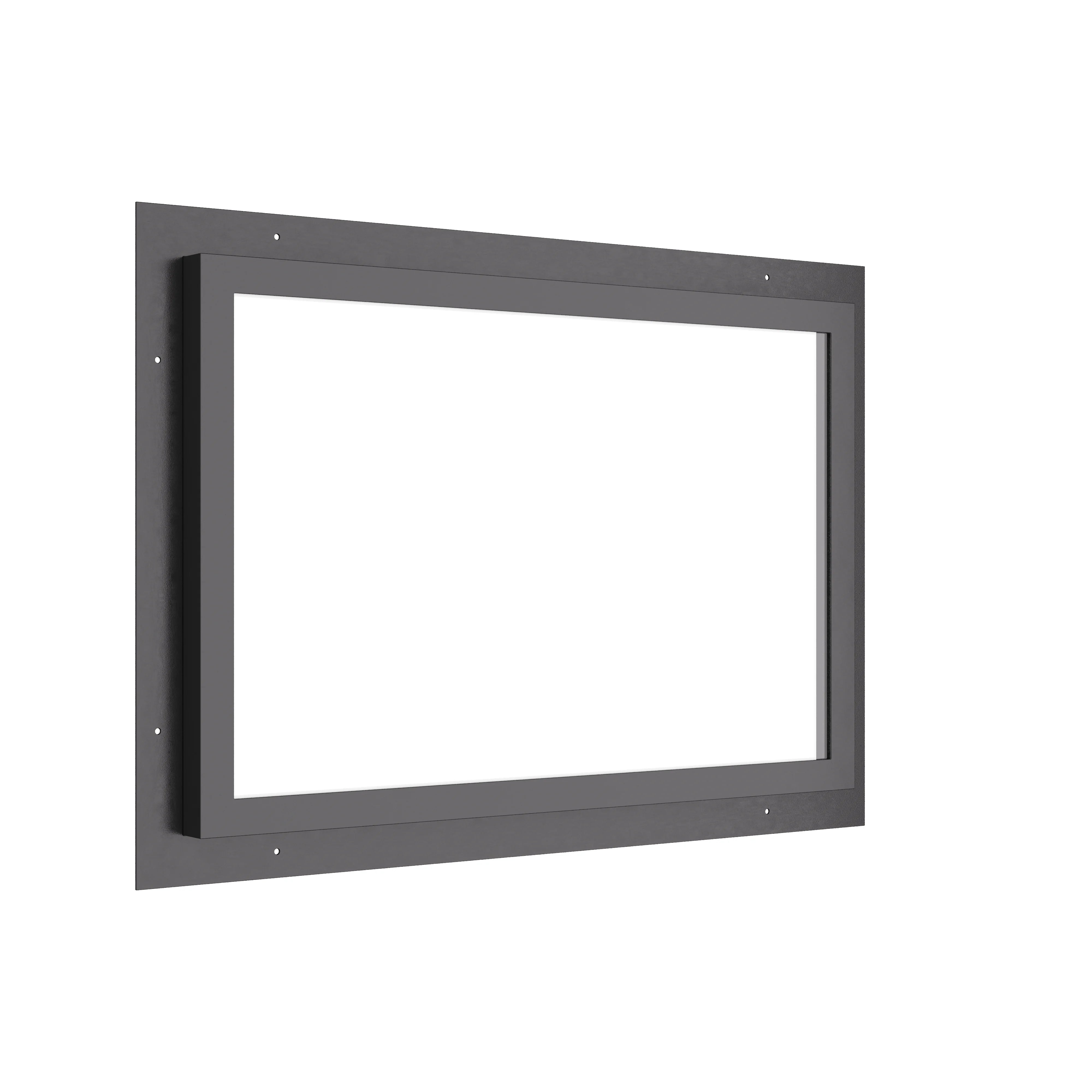 horizontal steel window with no muntins and clear glass panel