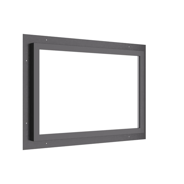 horizontal steel window with no muntins and clear glass panel