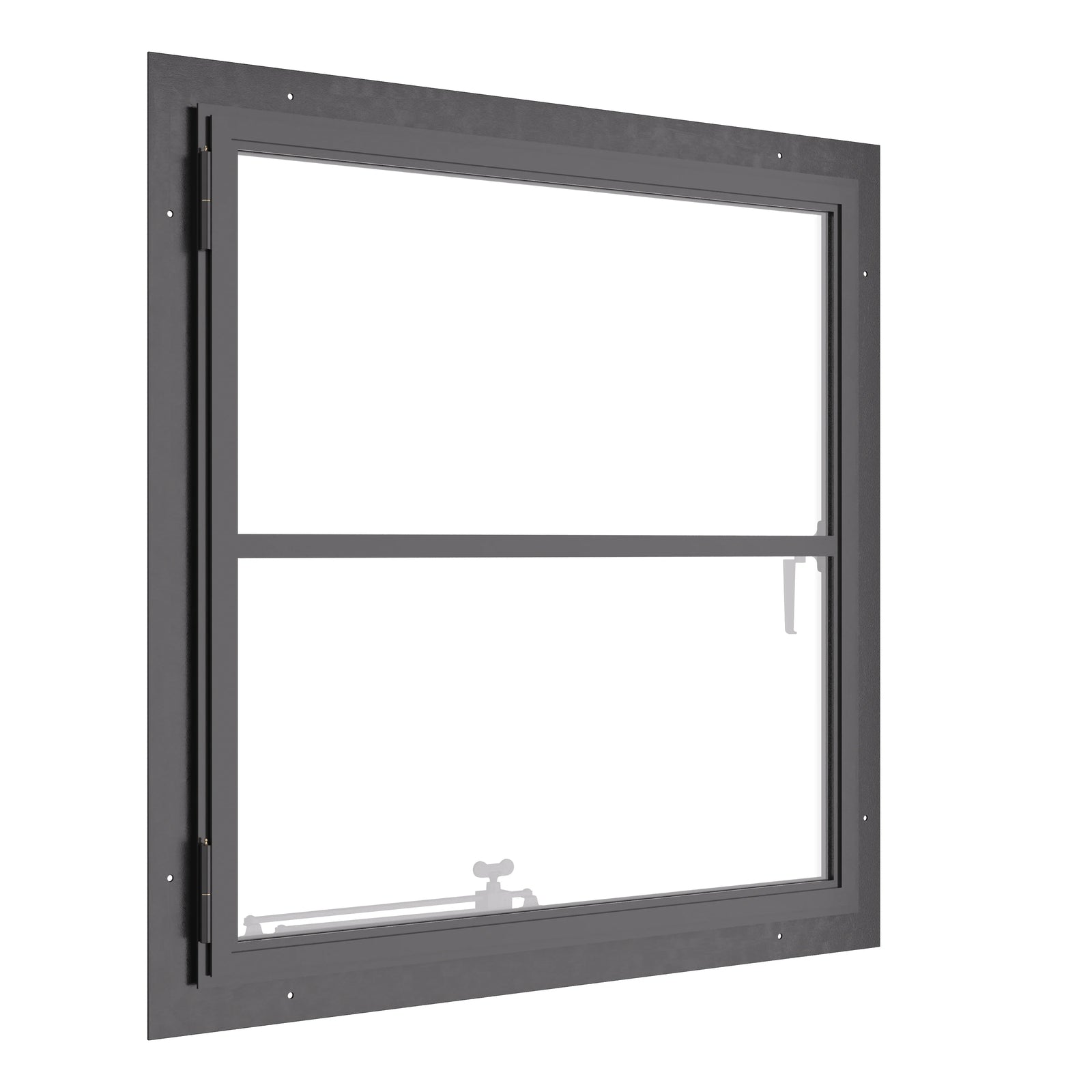 Single square steel casement window with transom, designed for Midwest builders