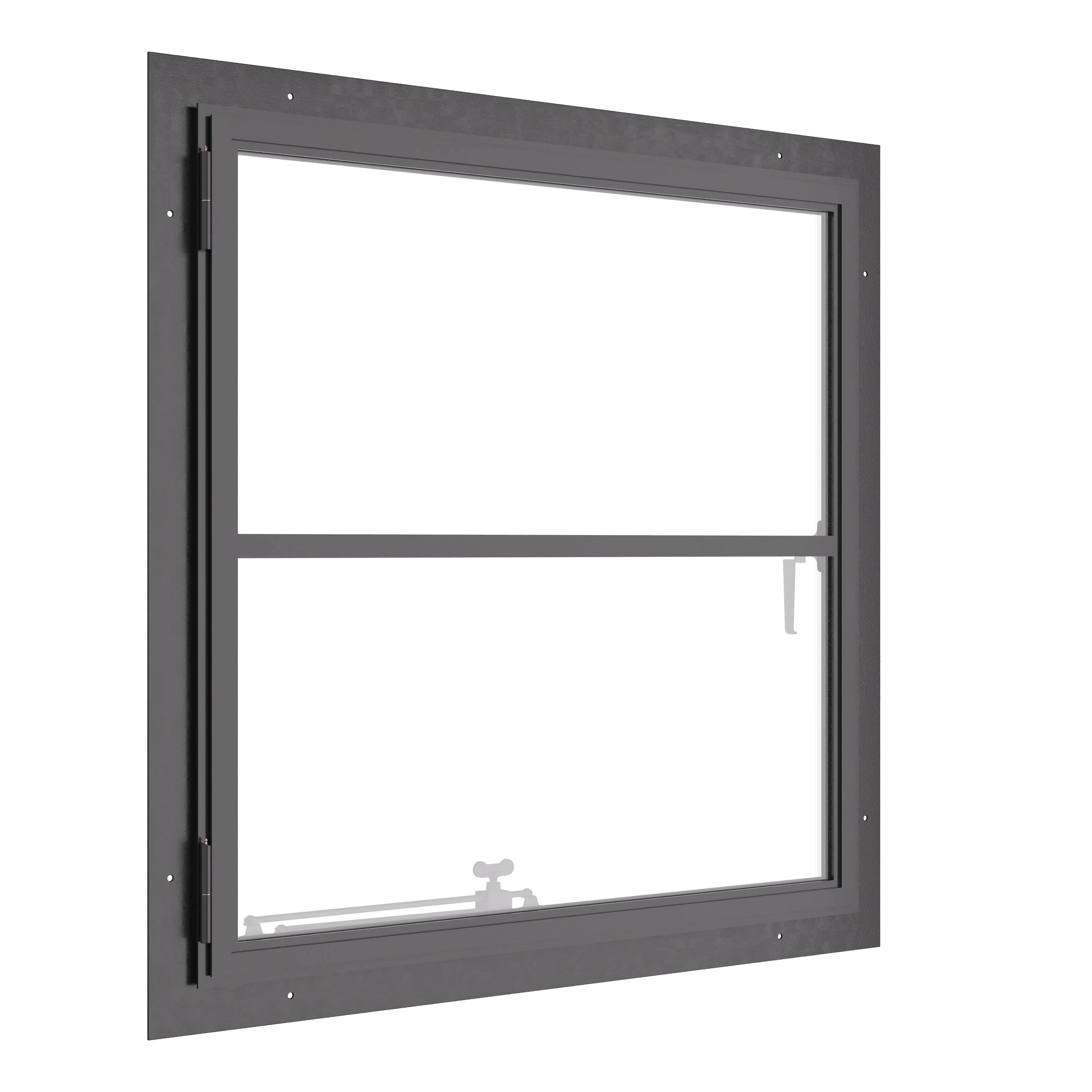 Single square steel casement window with transom, designed for Midwest builders