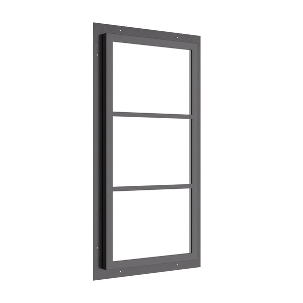 vertical steel window with two horizontal gridlines and slim profile