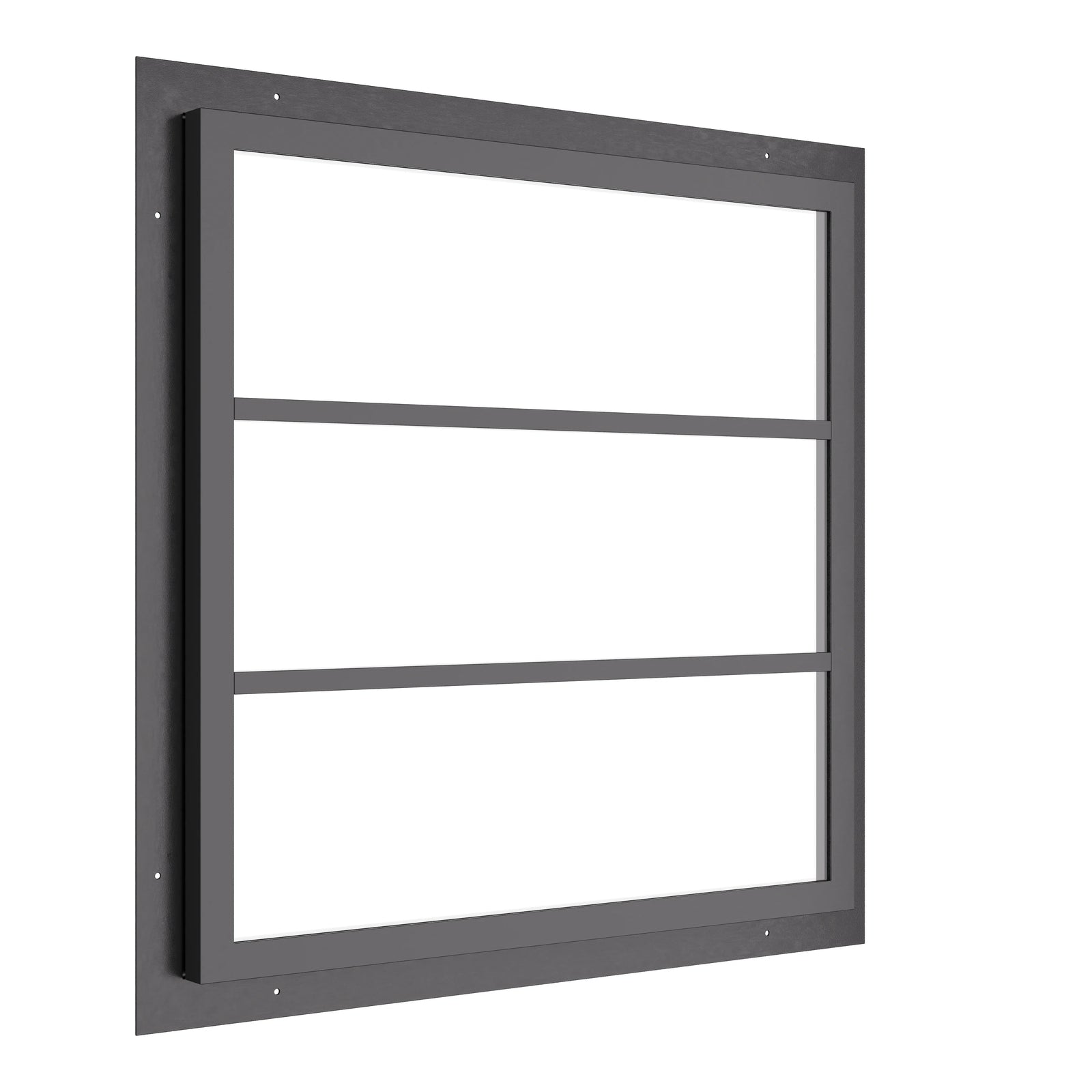square steel window with two horizontal muntins and slim frame
