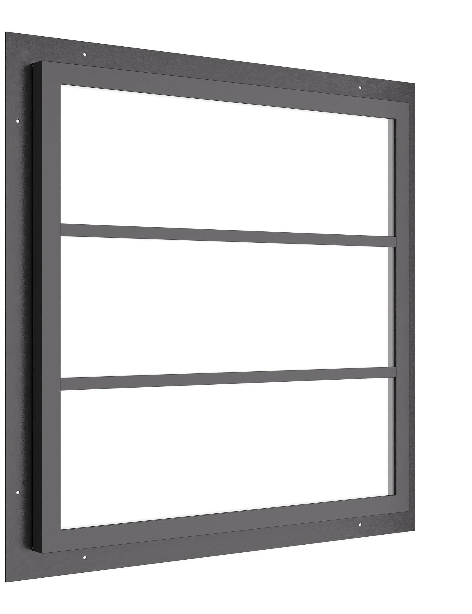 square steel window with two horizontal muntins and slim frame