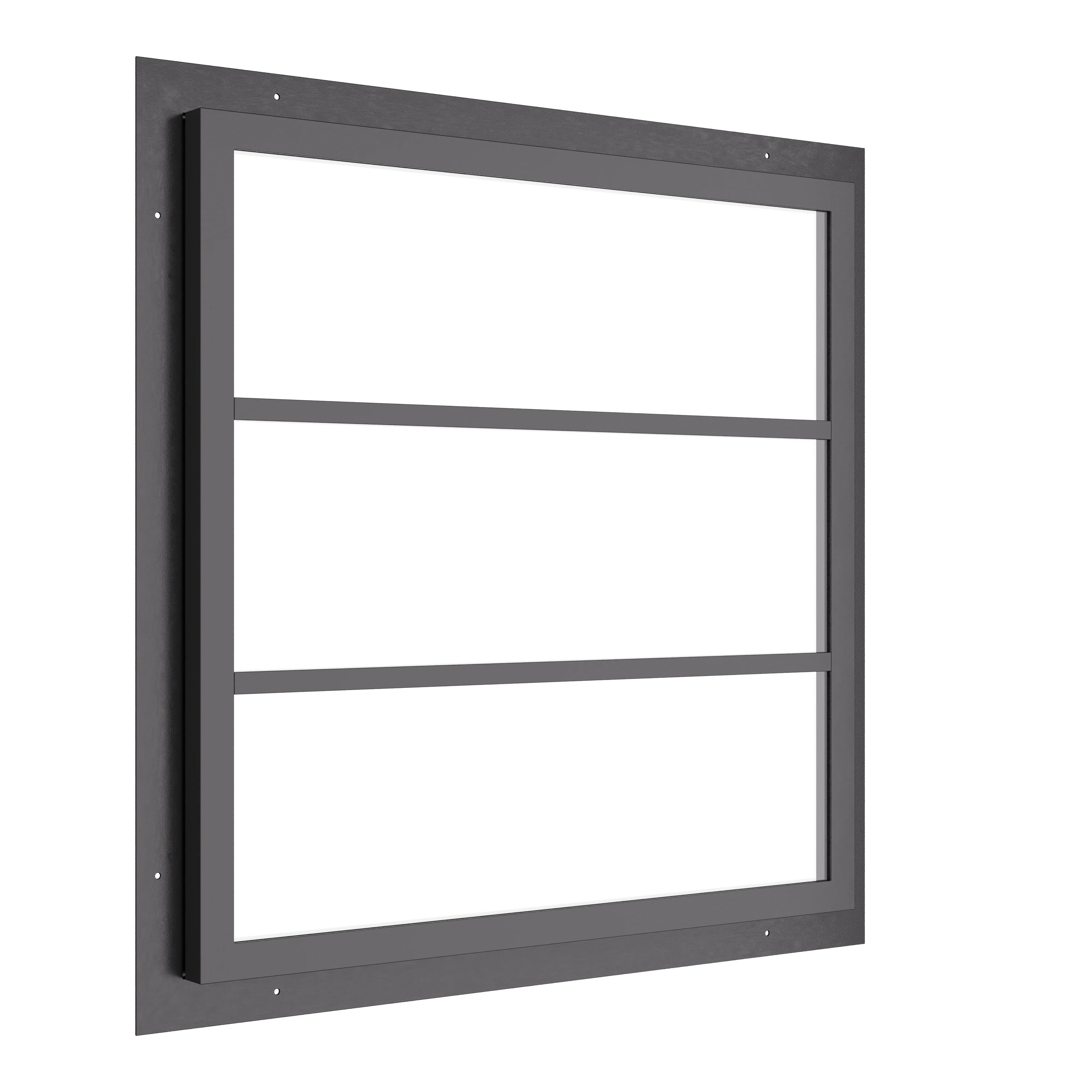 square steel window with two horizontal muntins and slim frame