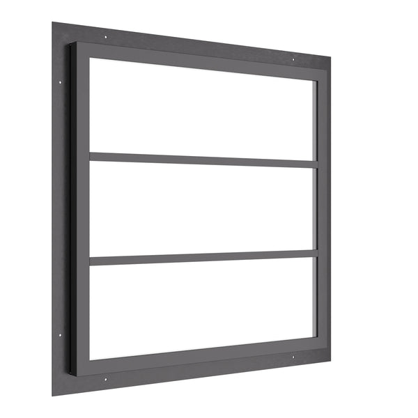 square steel window with two horizontal muntins and slim frame