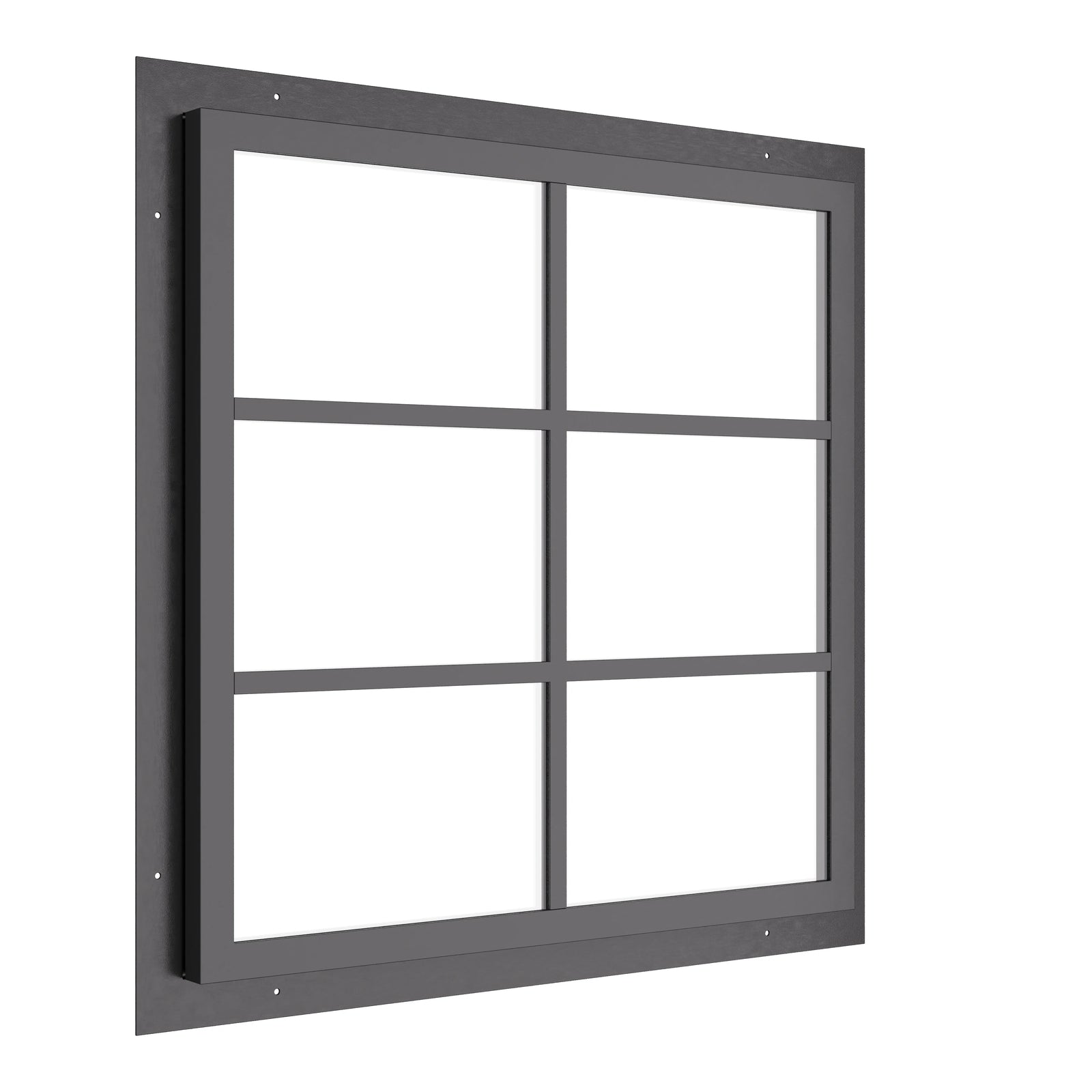 geometric steel window with one vertical and two horizontal muntins