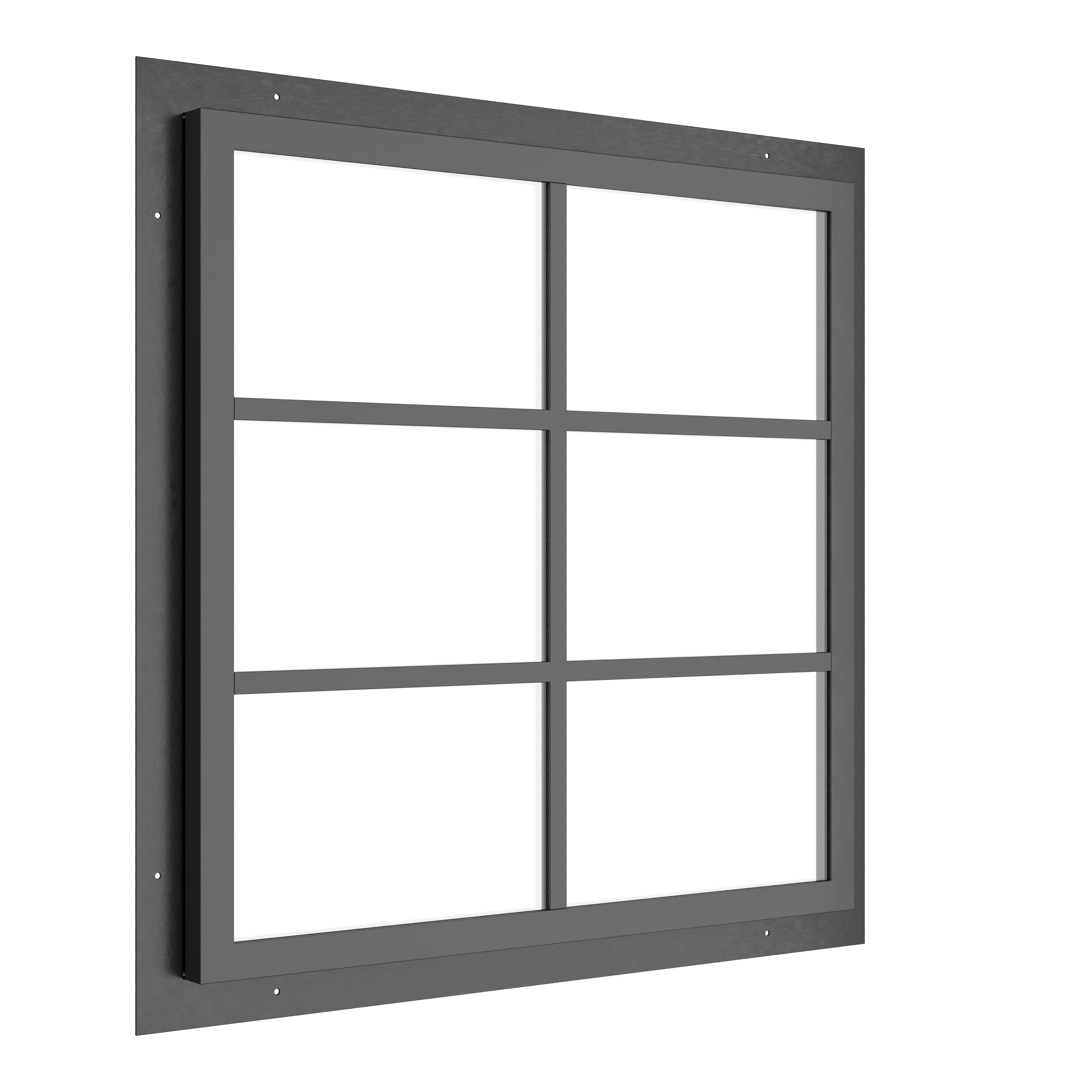 geometric steel window with one vertical and two horizontal muntins