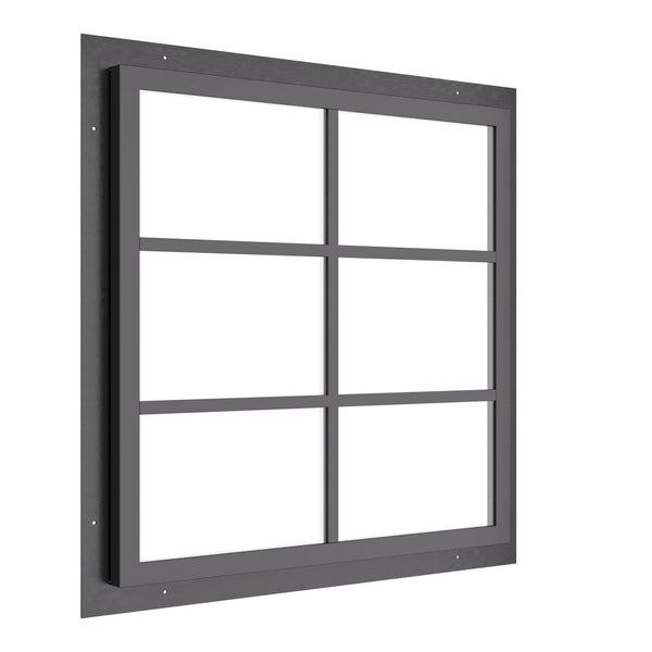 geometric steel window with one vertical and two horizontal muntins