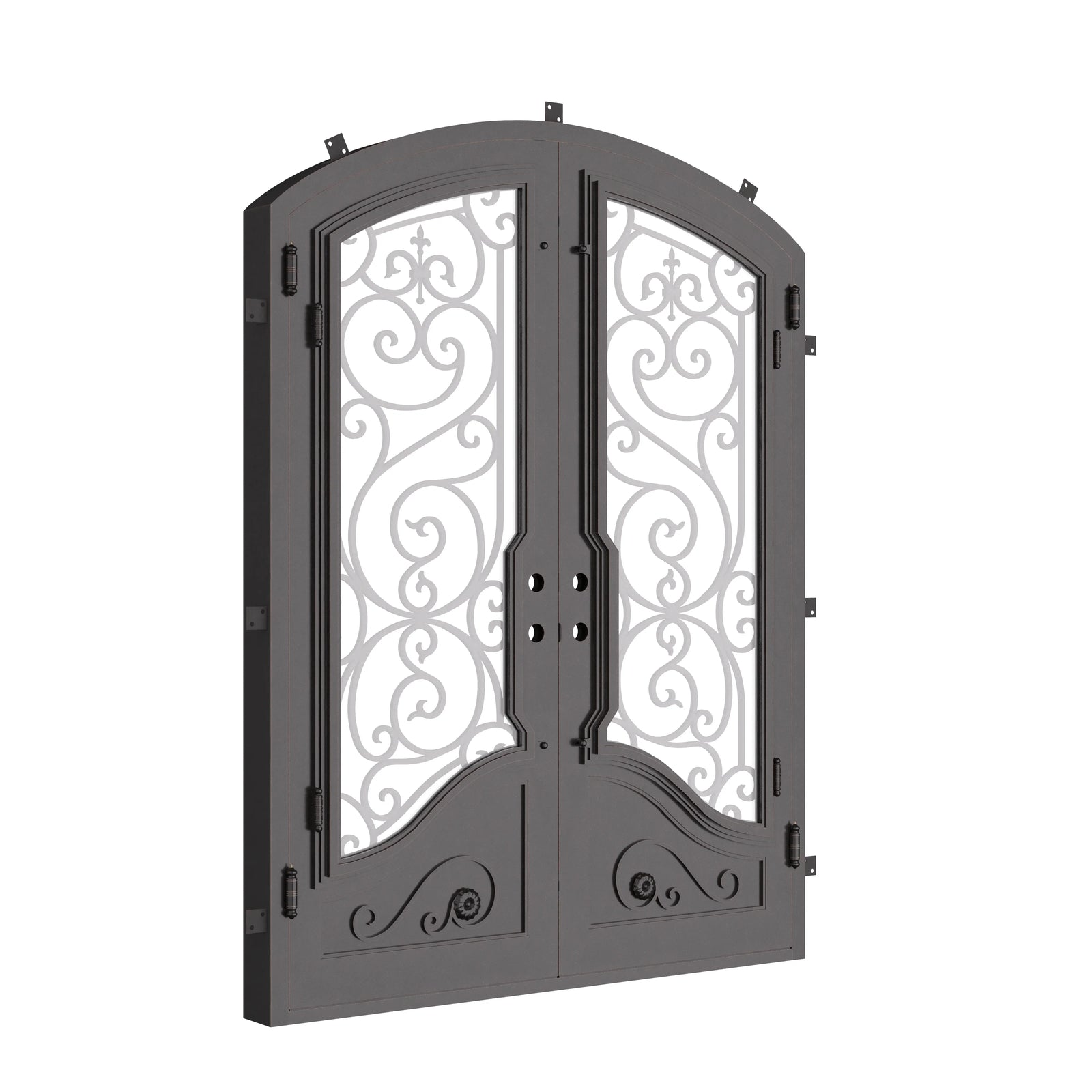 Beverly arched top double door in black with thermal barrier and clear glass.