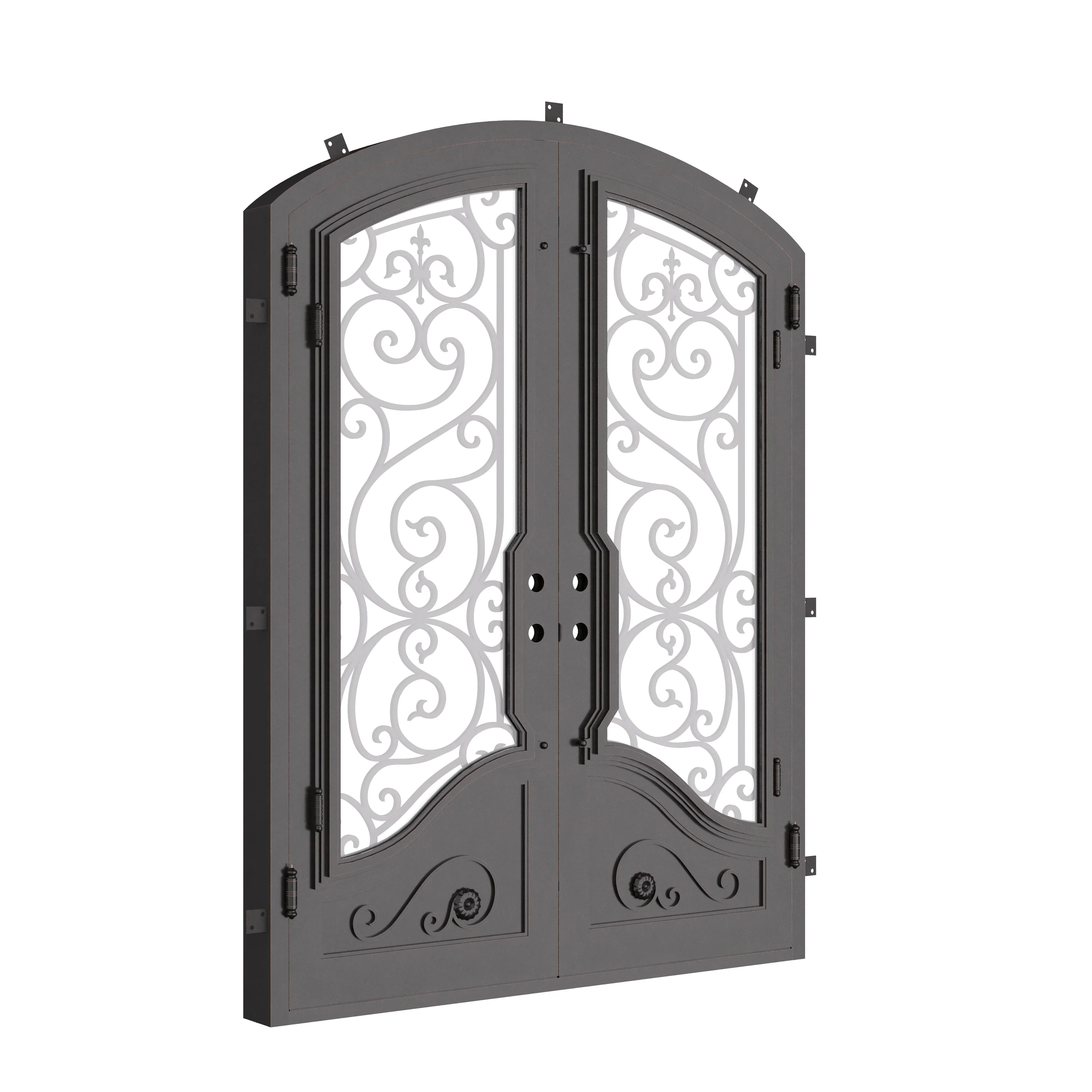 Beverly bronze colored arched design double door with clear glass.