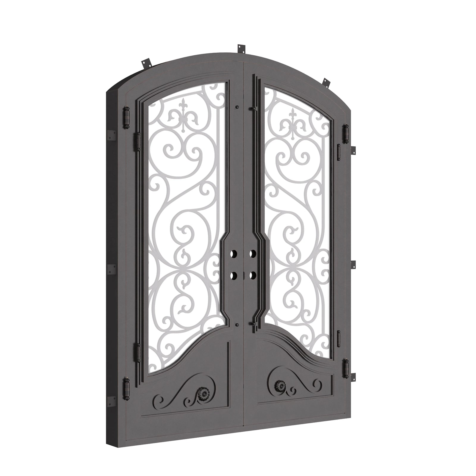 Beverly bronze hued double iron door with arch design and glass.