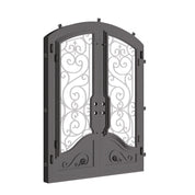 Beverly bronze hued double iron door with arch design and glass.