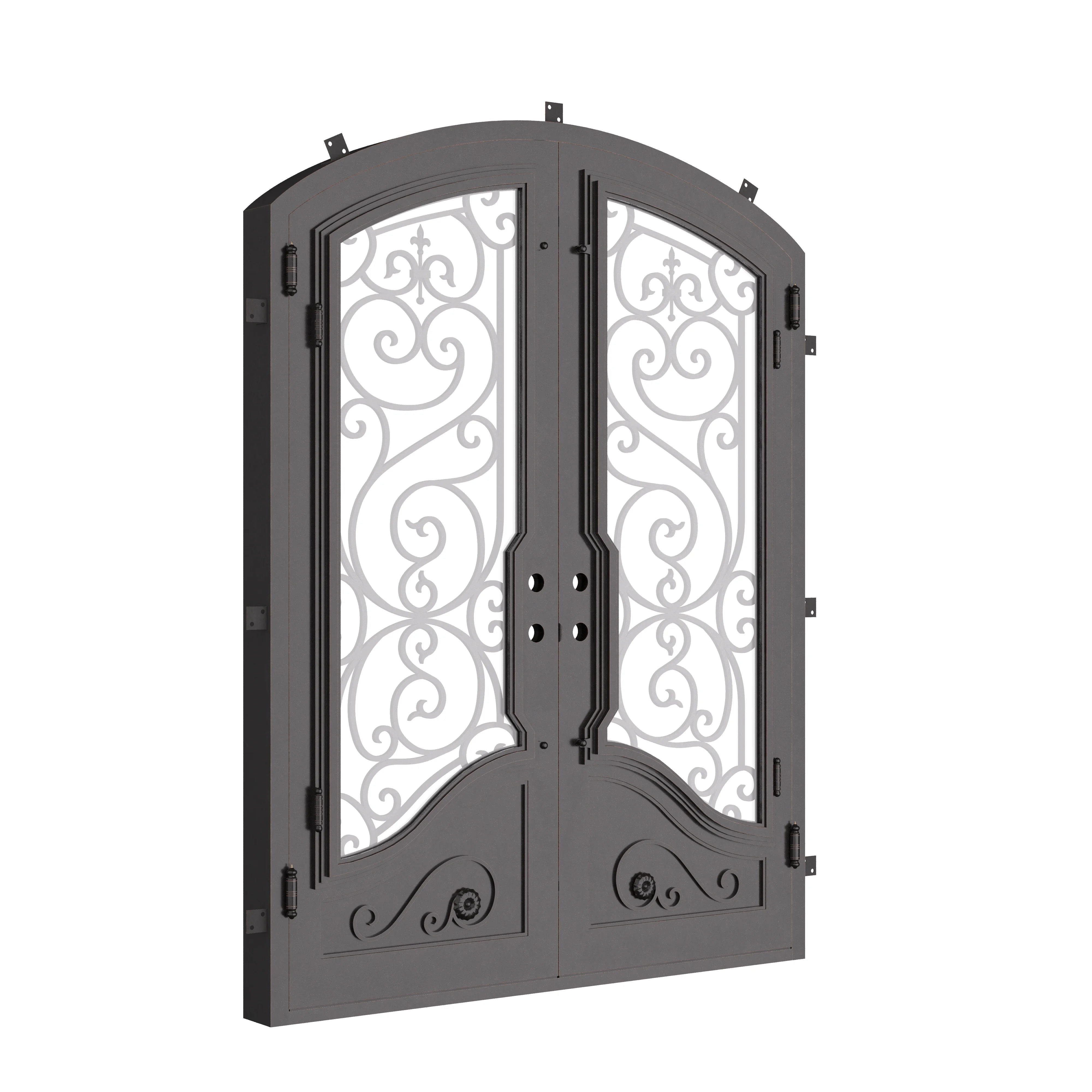 Beverly bronze hued double iron door with arch design and glass.