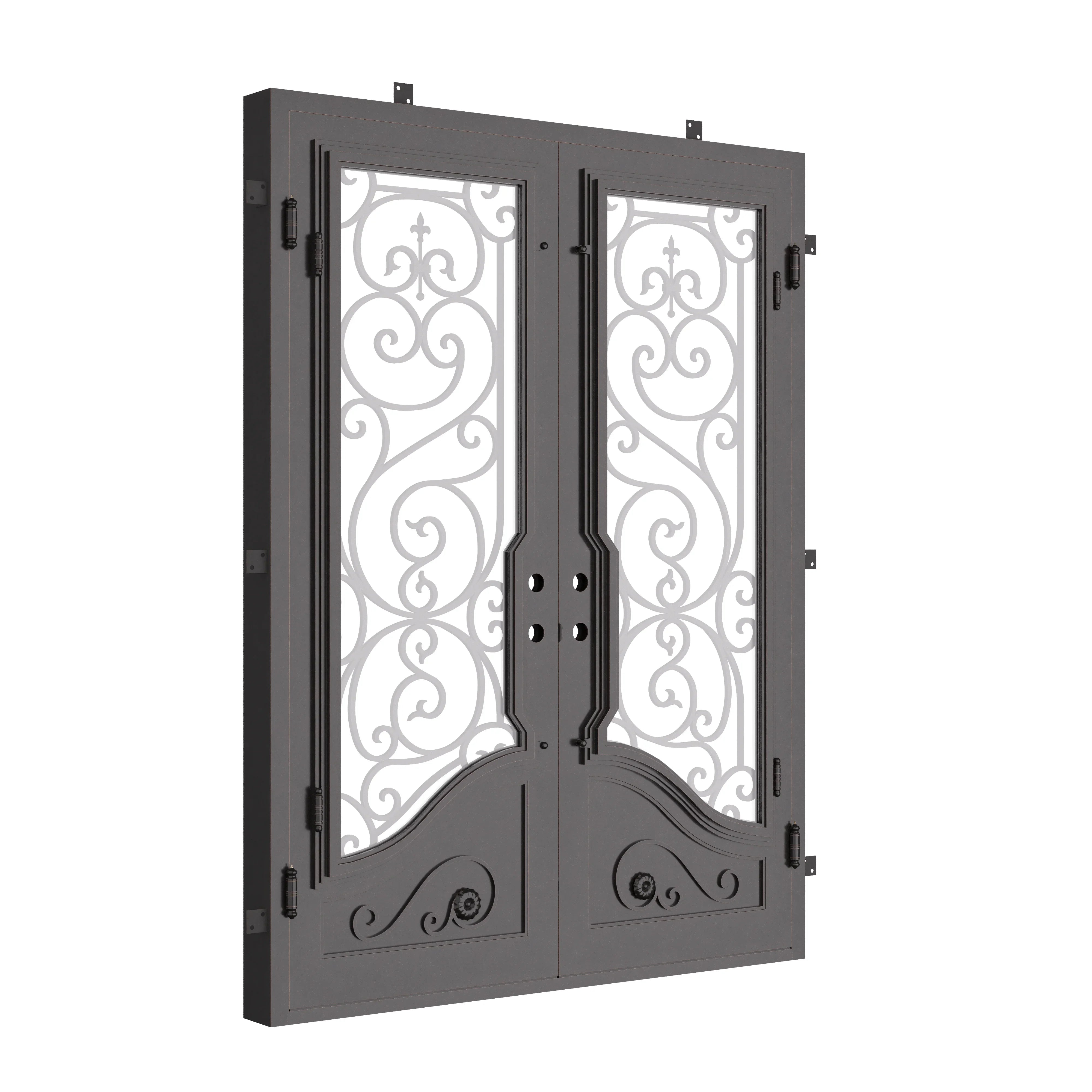 Beverly architectural black iron double flat top front door.