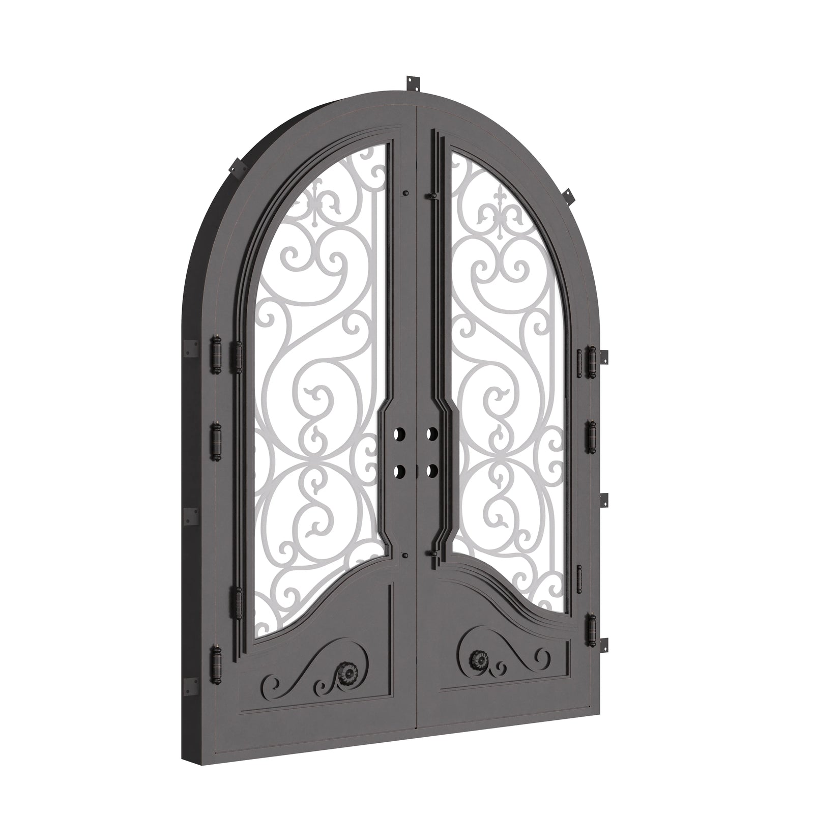 Beverly french radius top front door with double-pane tempered glass and scrollwork.