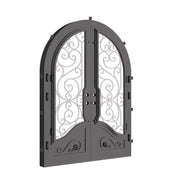 Beverly french radius top front door with double-pane tempered glass and scrollwork.