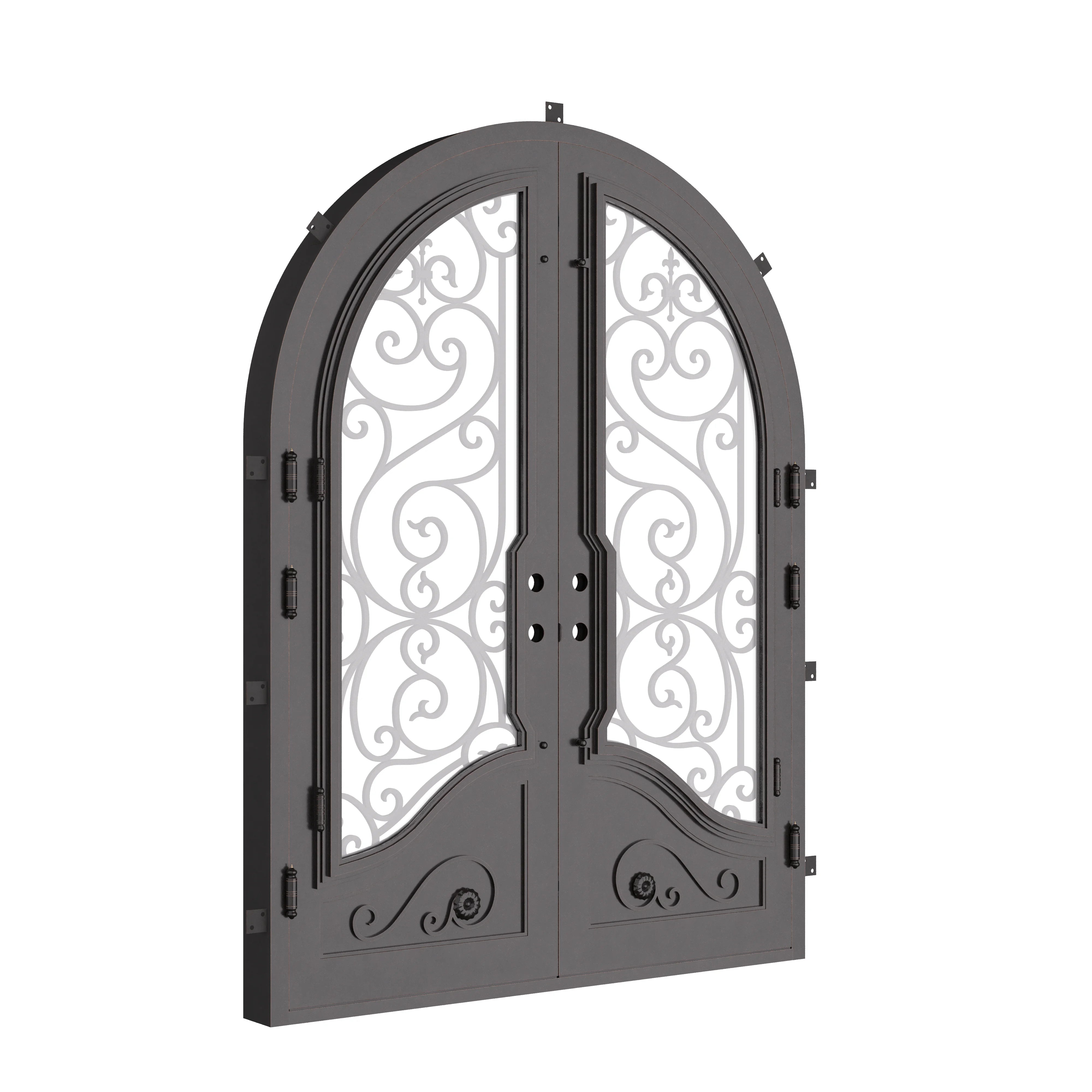 Beverly french radius top front door with double-pane tempered glass and scrollwork.