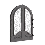 Beverly radius top double entry door with hand forged scrollwork and glass in bronze.