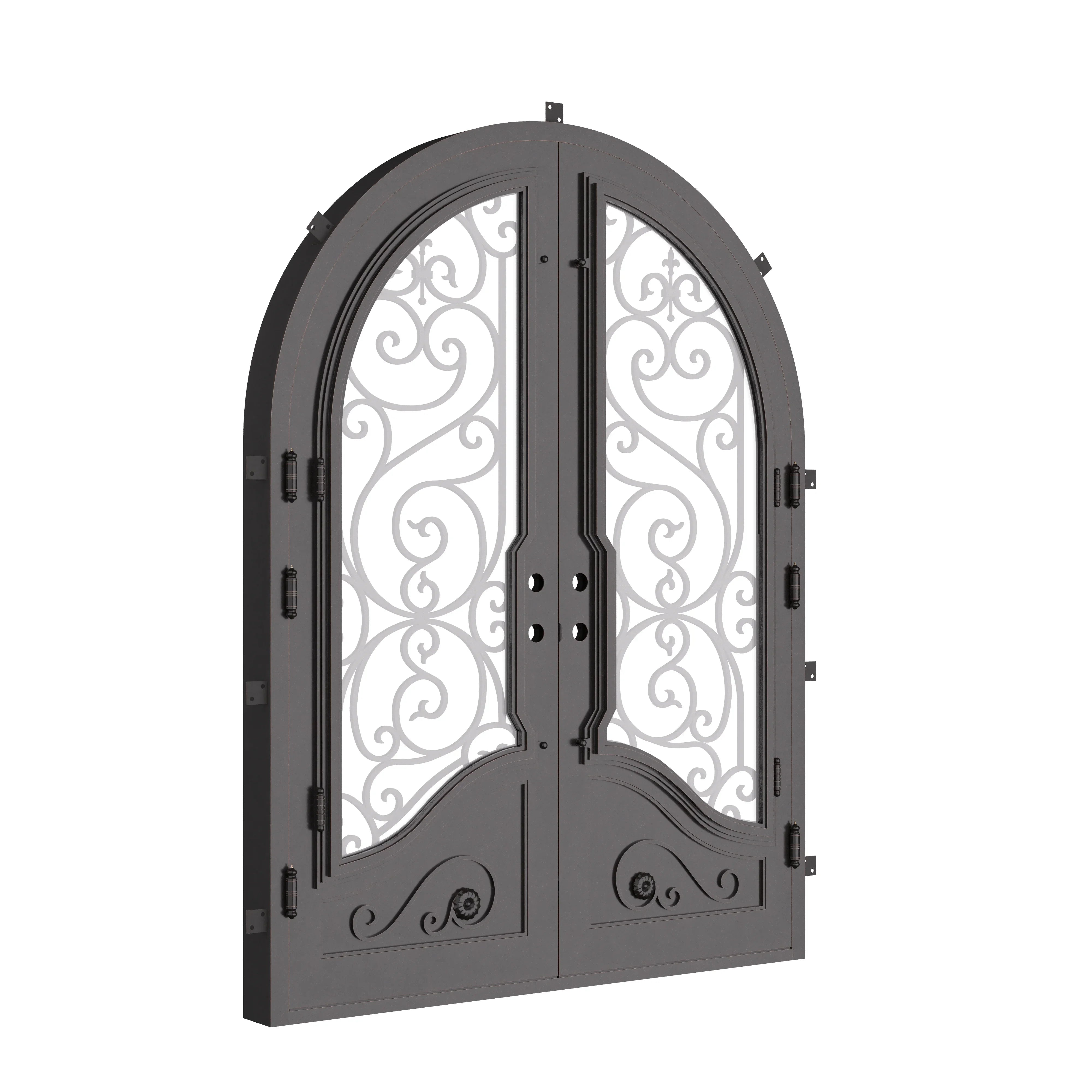 Beverly radius top double entry door with hand forged scrollwork and glass in bronze.