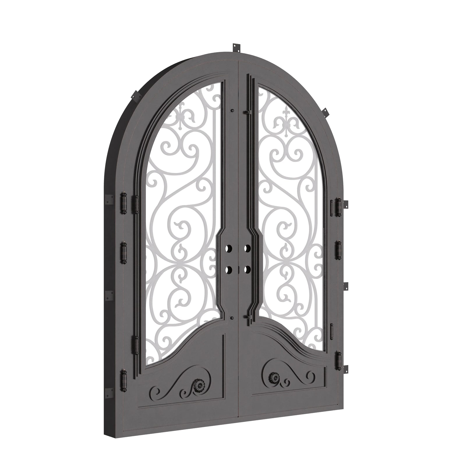 Beverly thermally broken round top iron door in bronze.