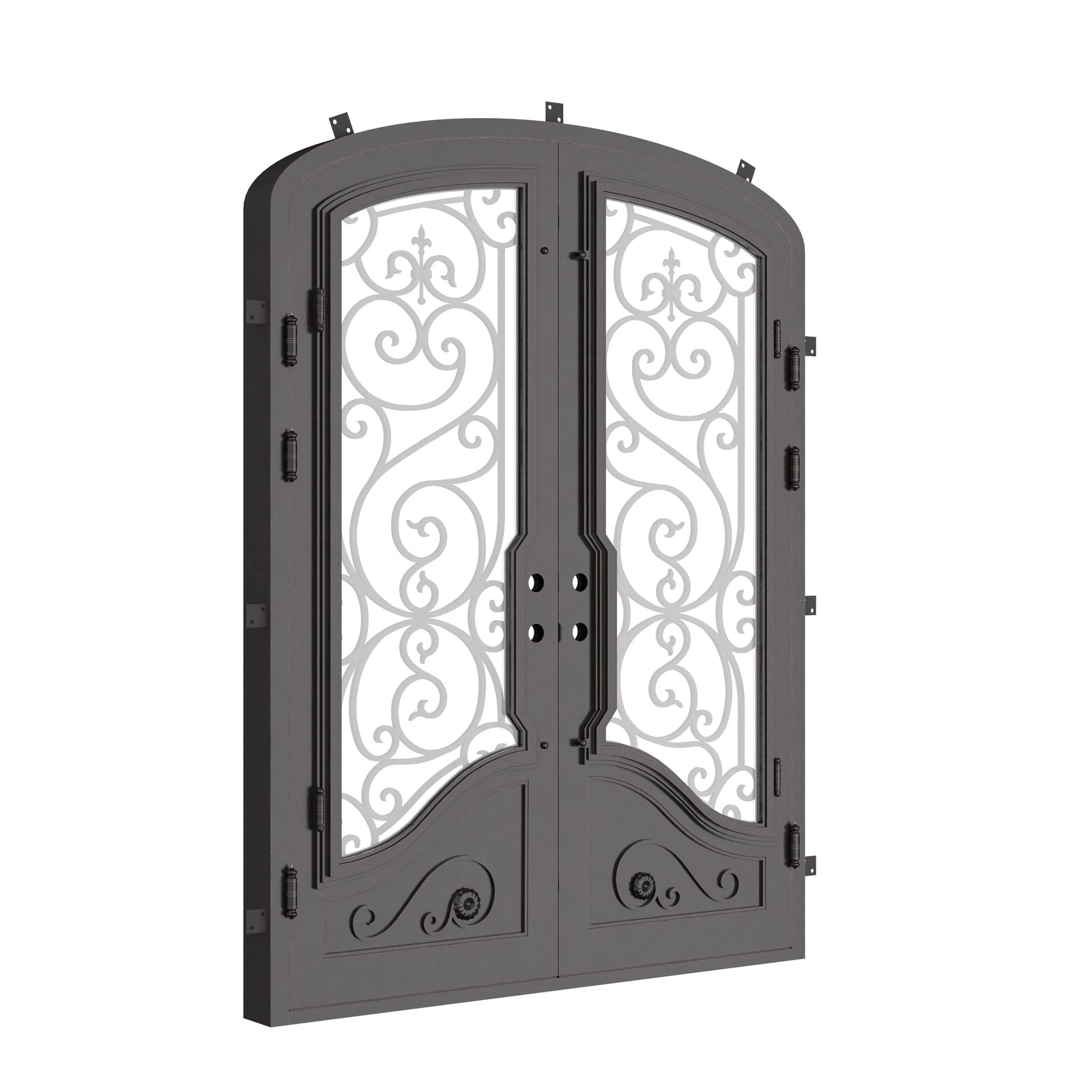Beverly bronze hued arch top iron double door with glass windows.