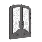 Beverly bronze hued arch top iron double door with glass windows.