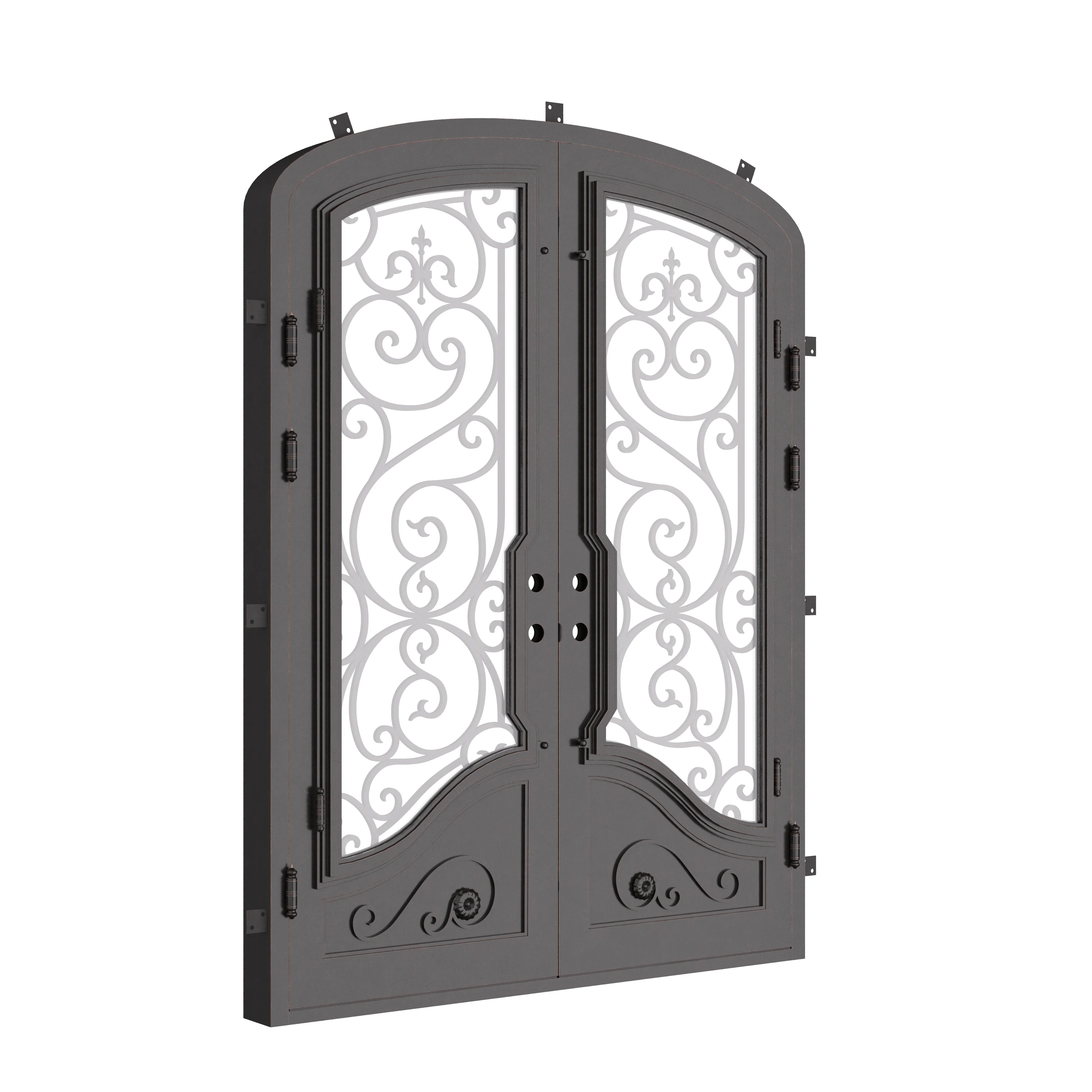 Beverly bronze hued arch top iron double door with glass windows.