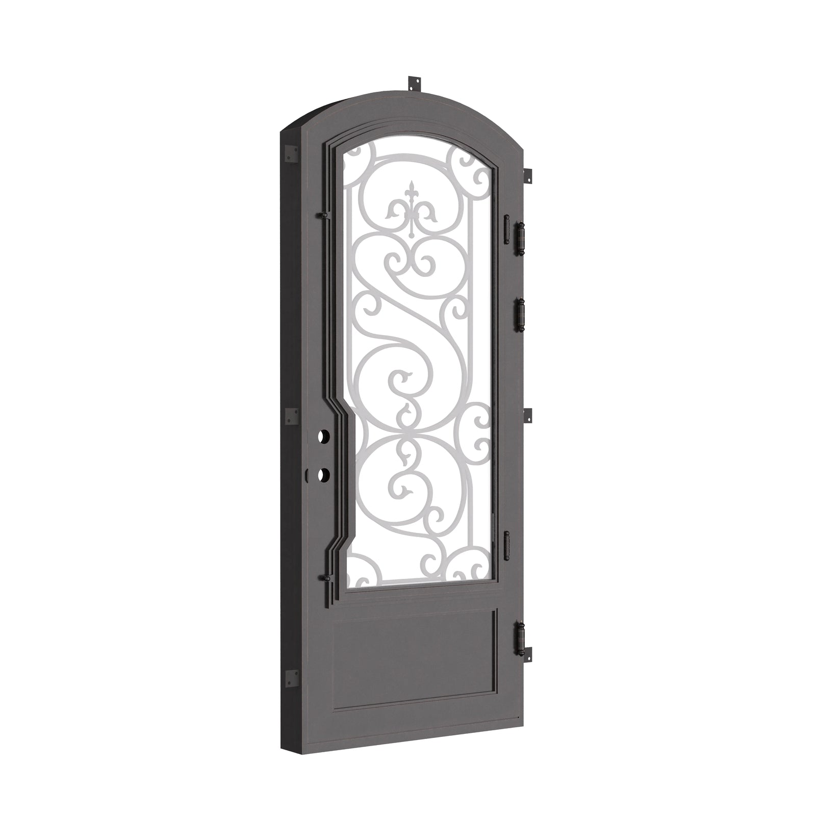 Beverly single soft arch top entry door with double-pane glass.