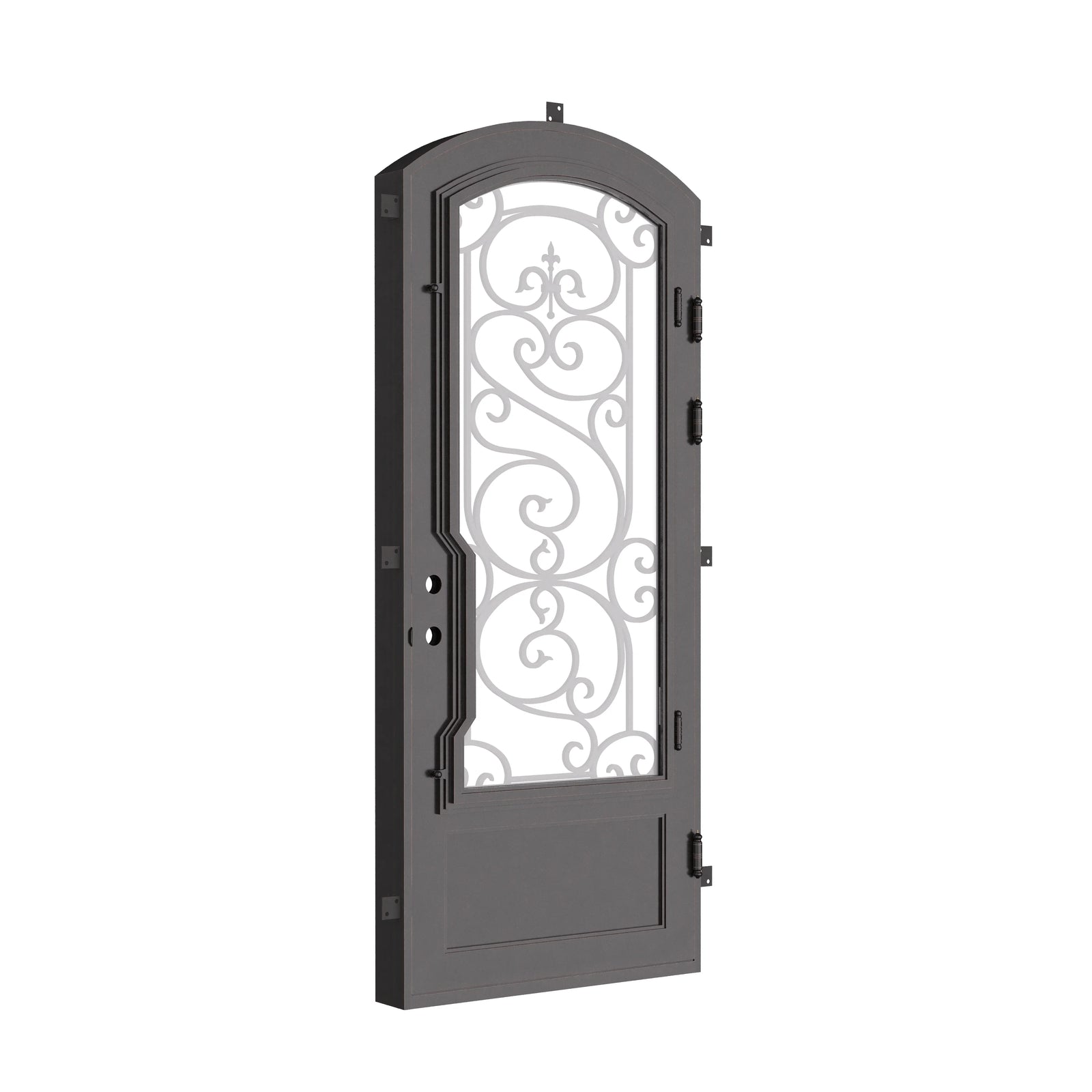 Beverly subtle arch top single door in matte black finish for cold weather.