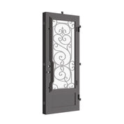 Beverly Black exterior iron single flat top swing door with thick glass.