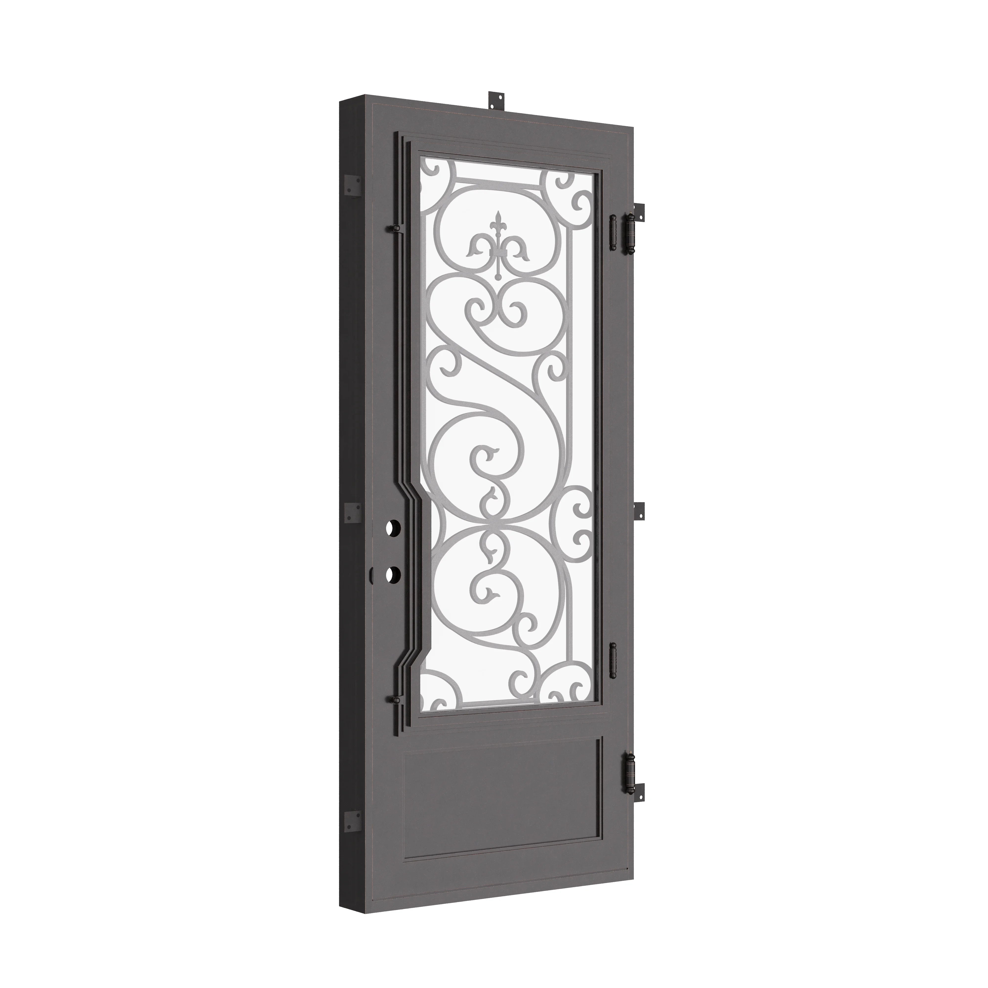 Beverly Black exterior iron single flat top swing door with thick glass.
