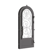 Beverly bronze color exterior wrought iron single full arch door with thick dual-pane glass.