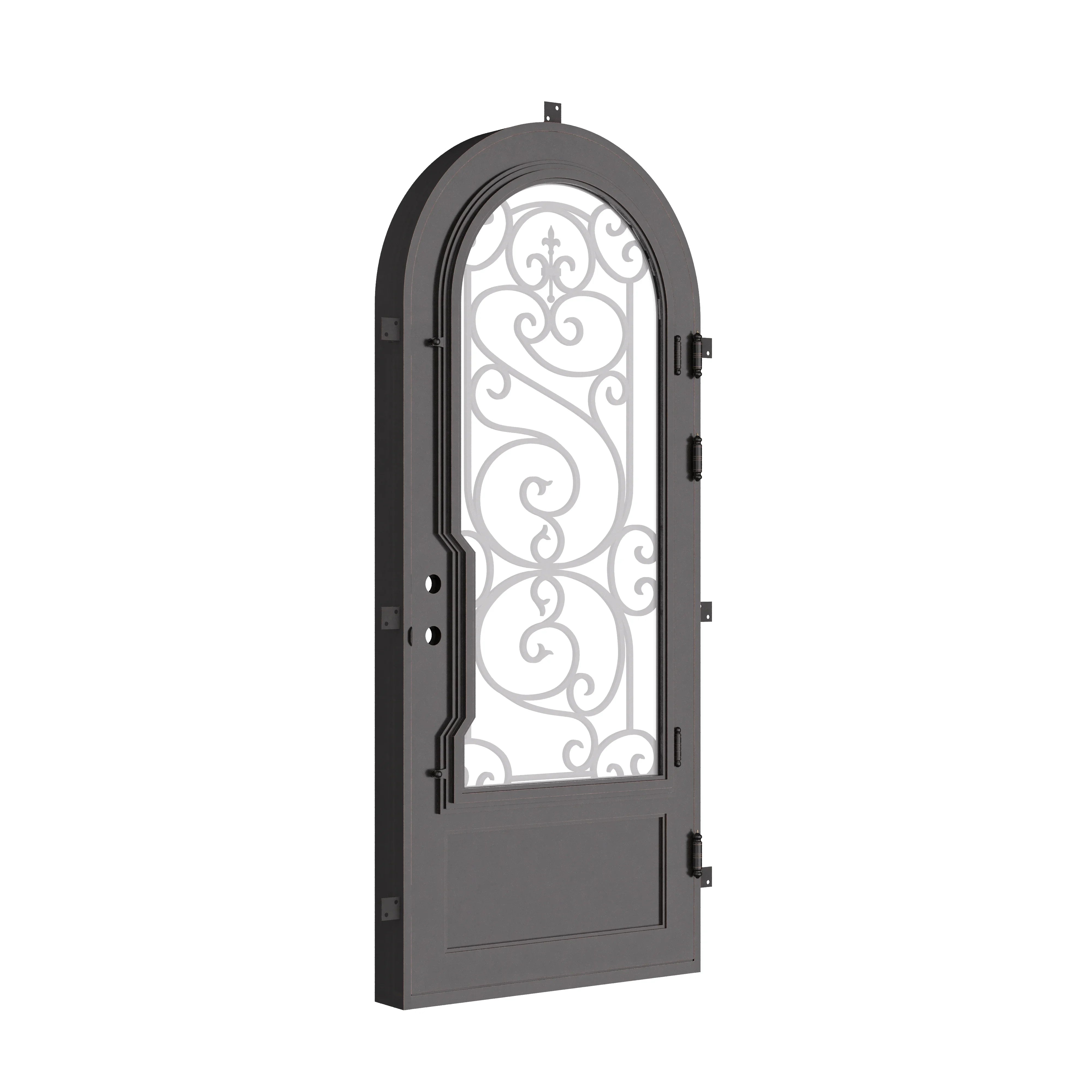 Beverly bronze color exterior wrought iron single full arch door with thick dual-pane glass.