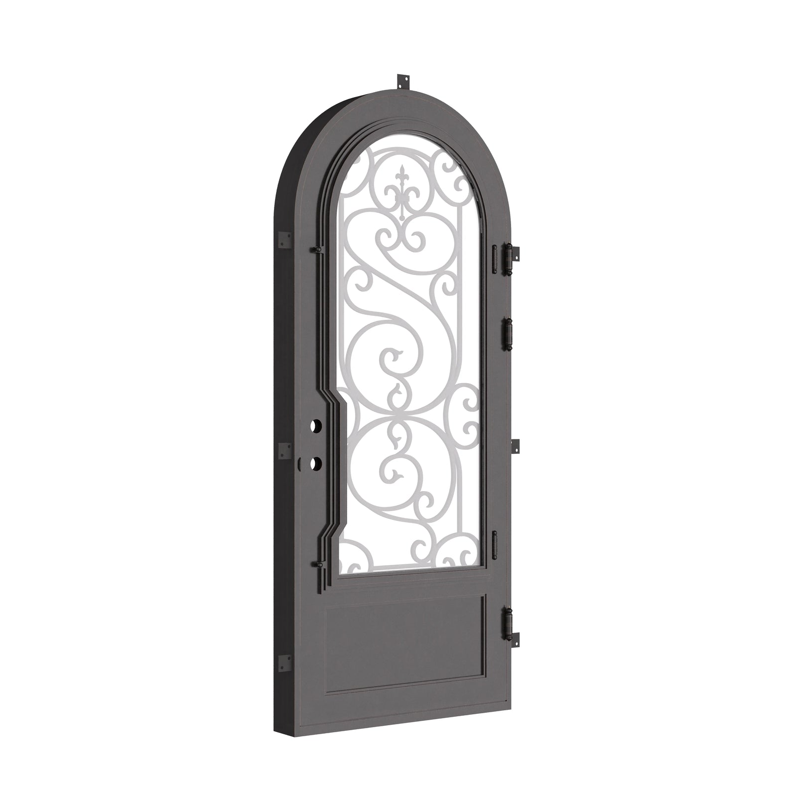 Beverly single radius top front door with energy efficient dual-pane glass in bronze color.