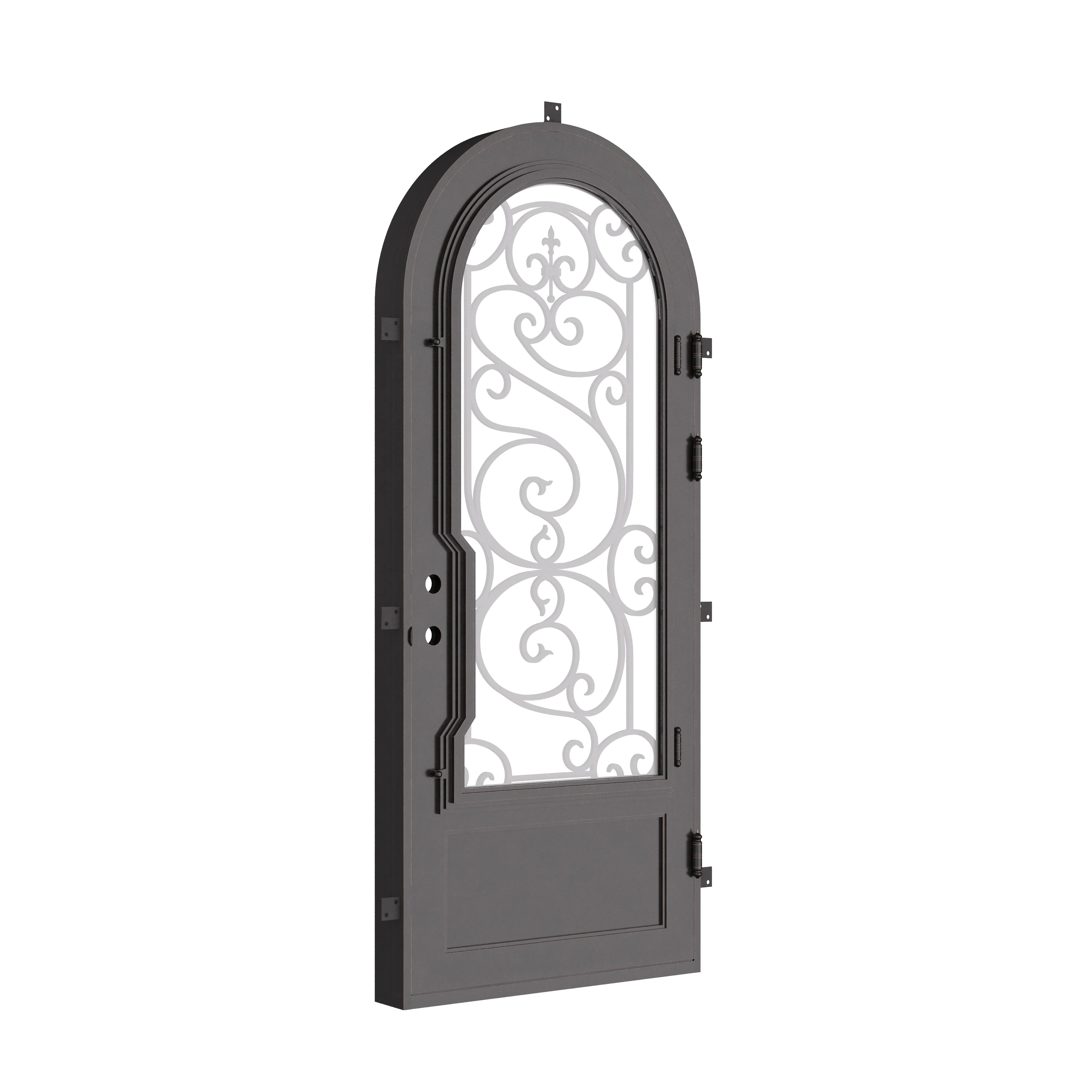 Beverly single radius top front door with energy efficient dual-pane glass in bronze color.