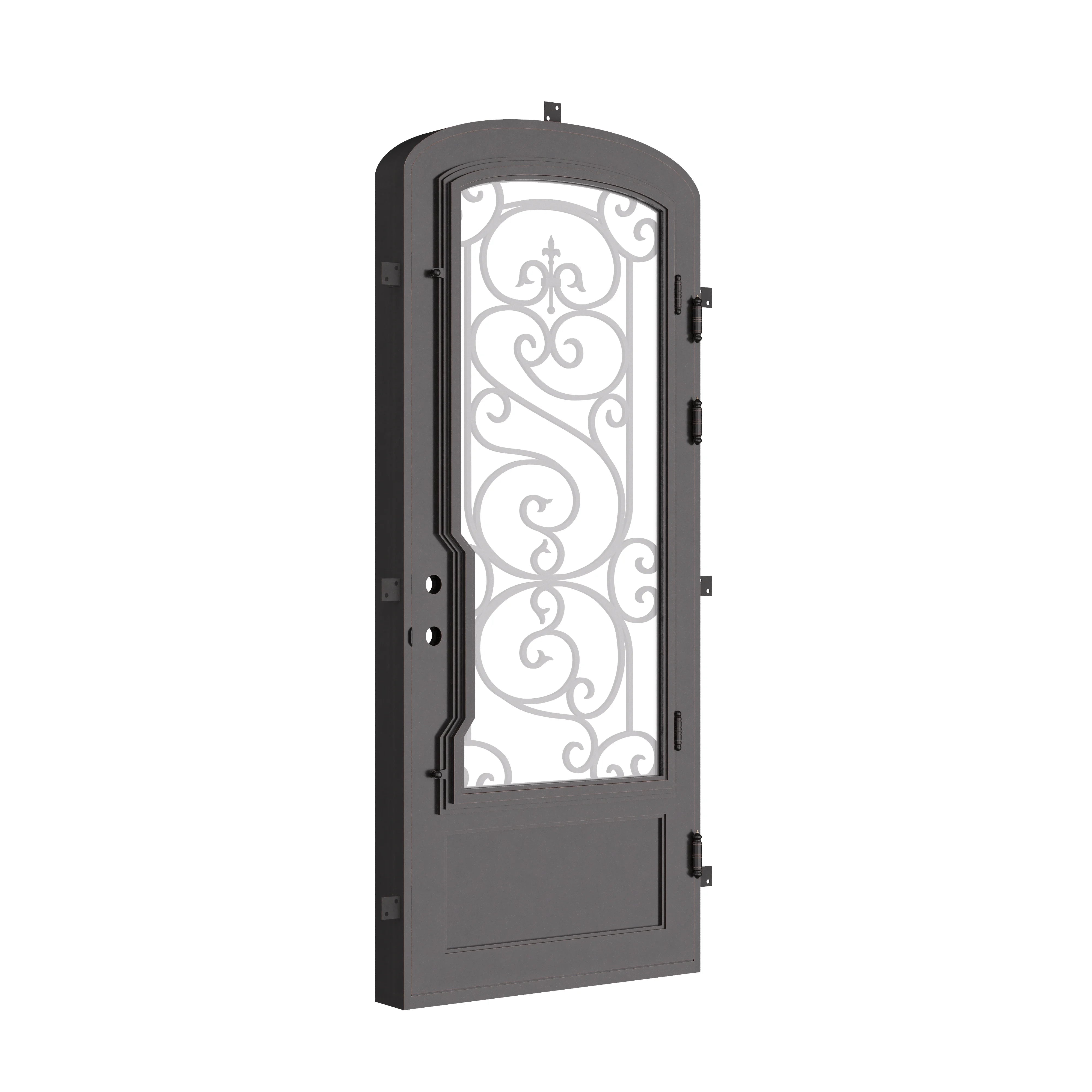 Beverly single mini arch top iron swing door with dual-pane glass.