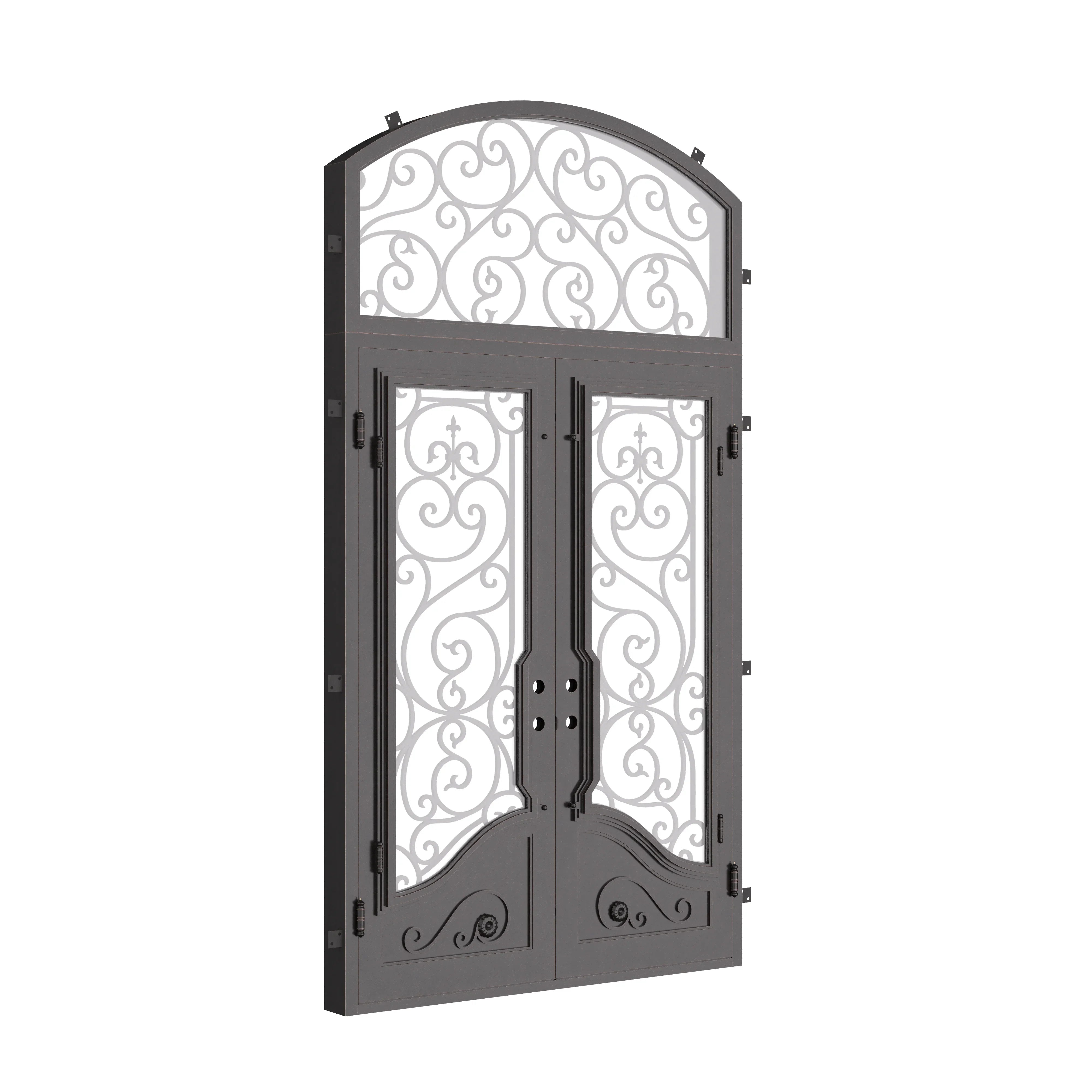 Beverly hinged french swing door with curved transom for cold weather.