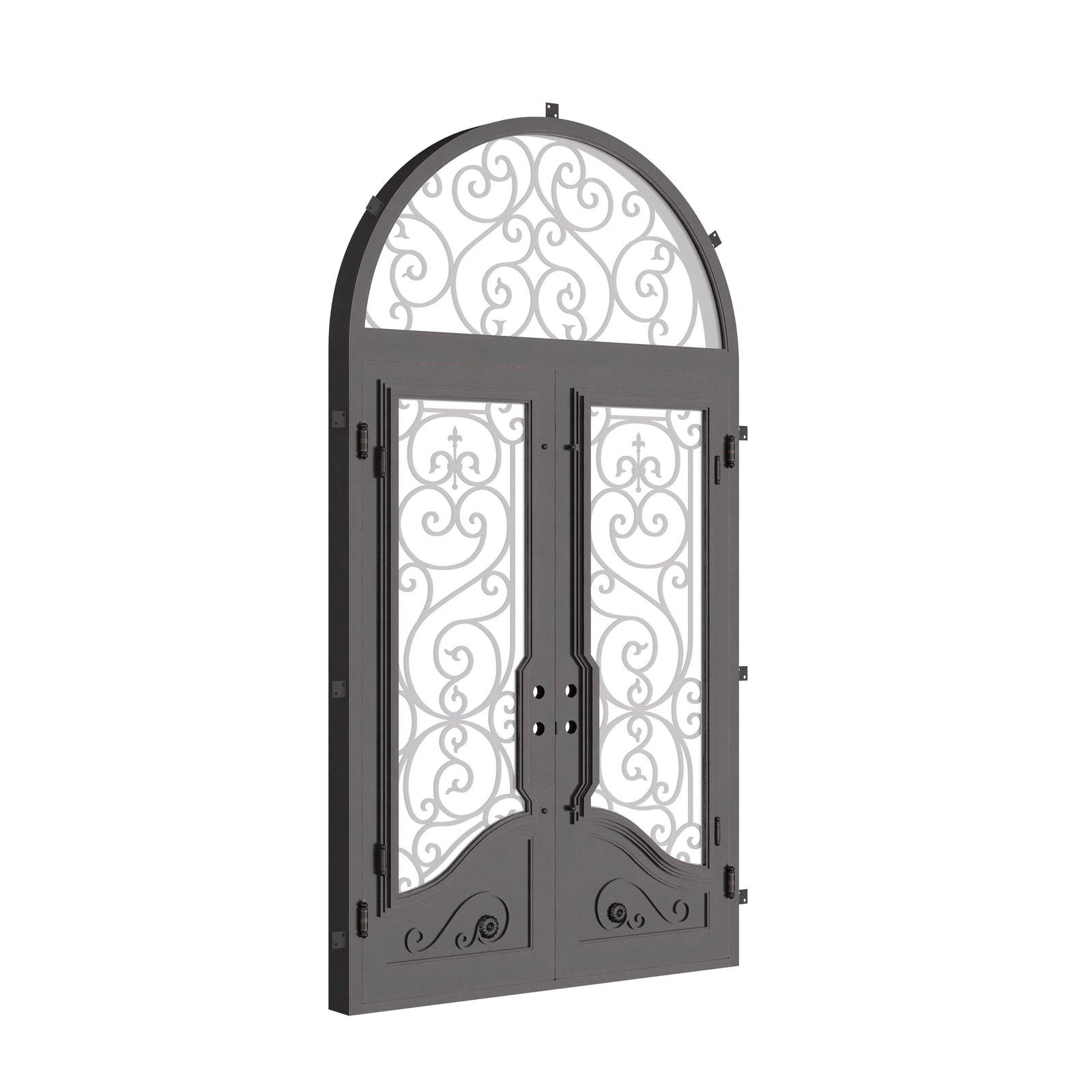 Beverly metal double flat hinged door with radius top window in black.