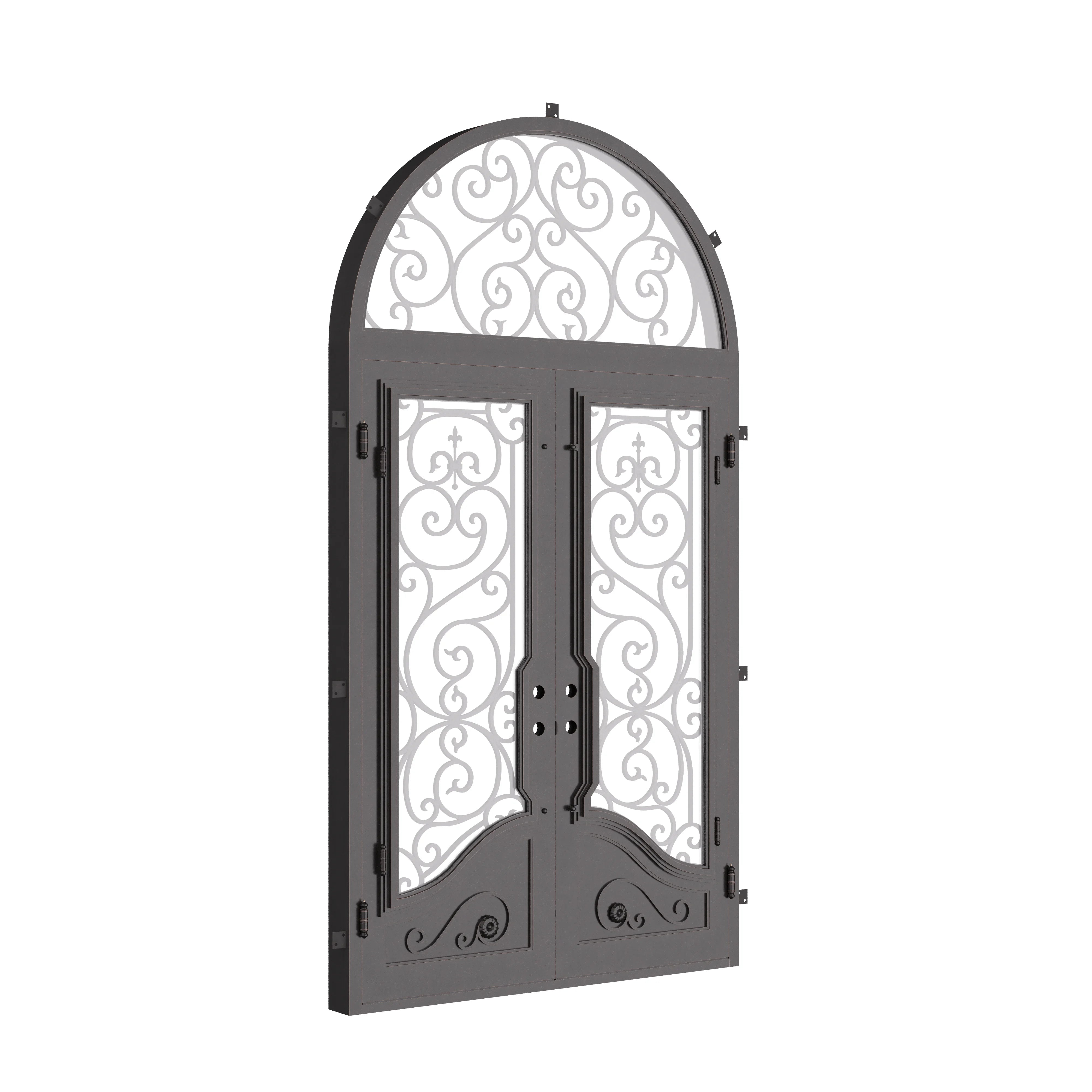 Beverly metal double flat hinged door with radius top window in black.