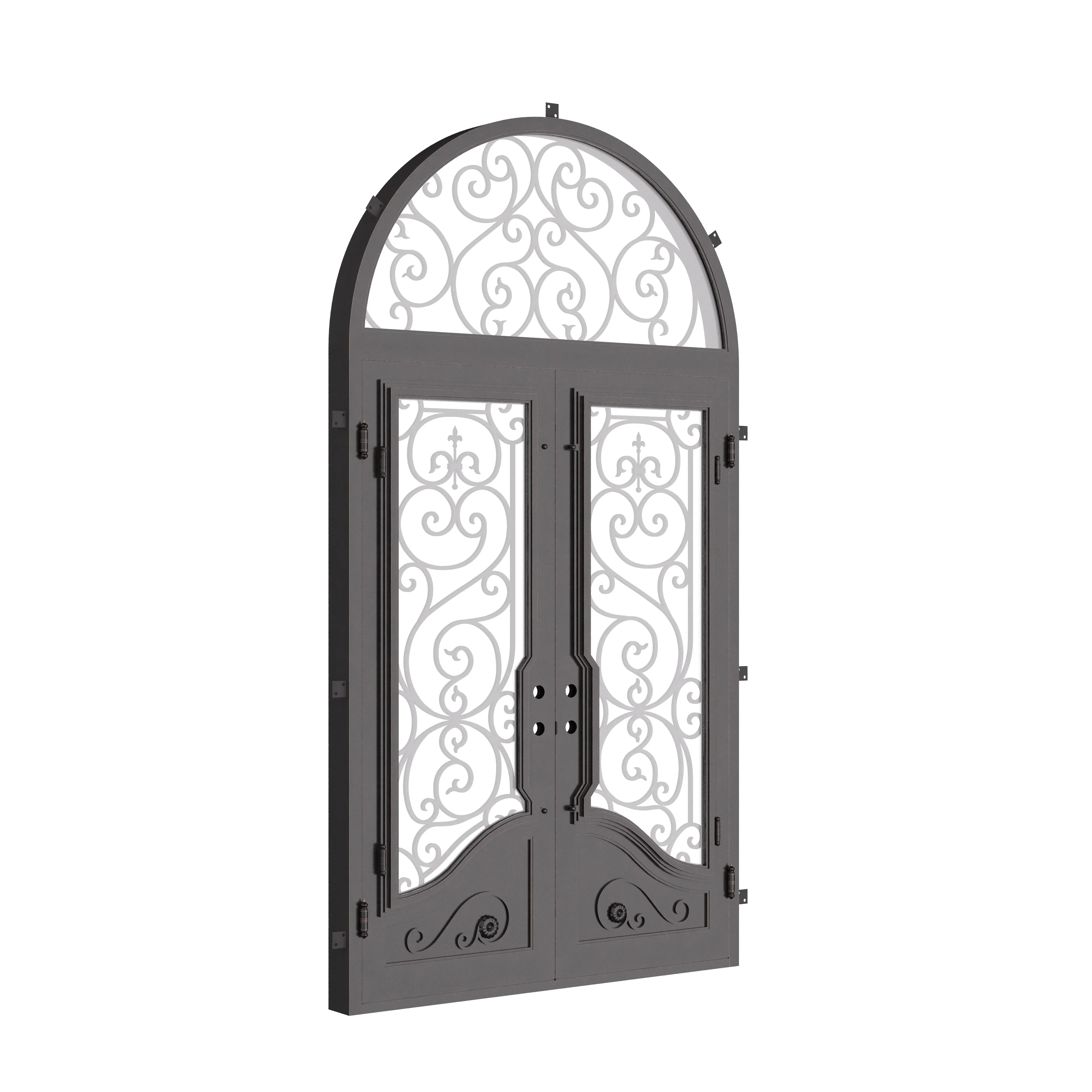 Beverly double metal framed door with full arch top window for cold weather.