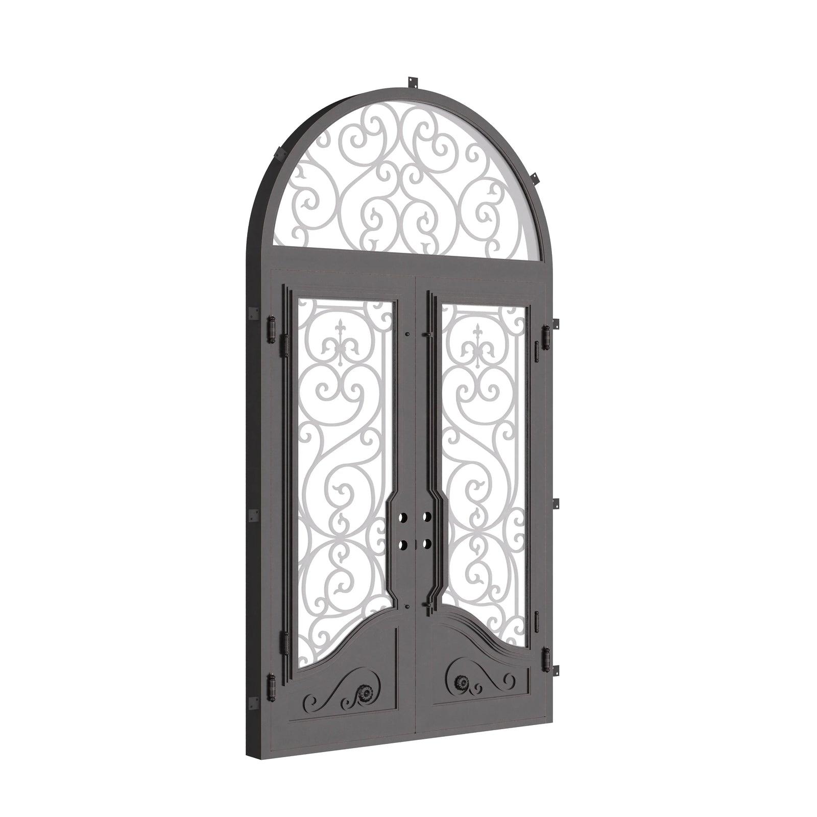 Beverly double flat hinged door with full arch top window in black color.