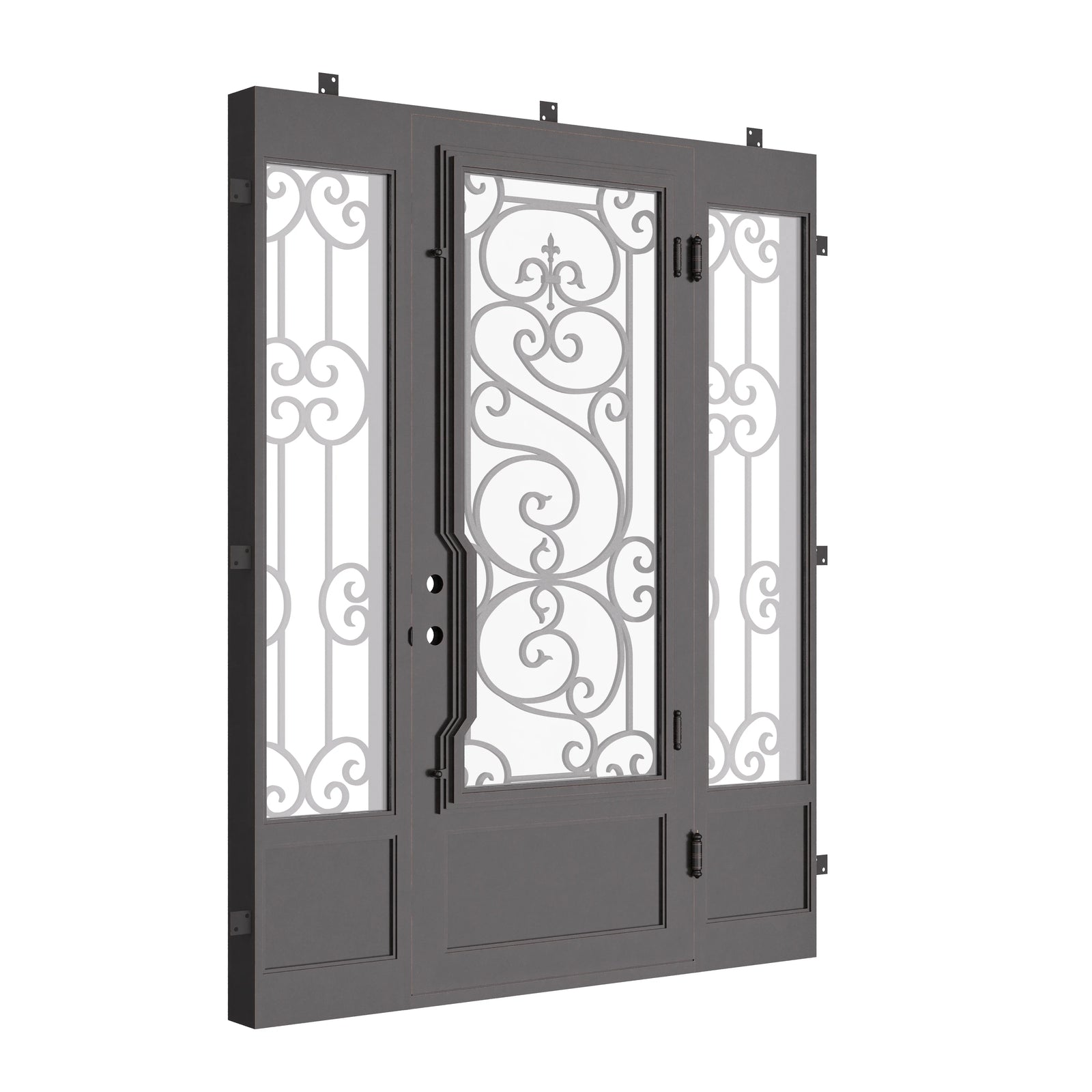 Beverly iron door with sidelights and intricate design in black color.