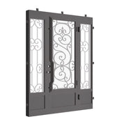 Beverly iron door with sidelights and intricate design in black color.